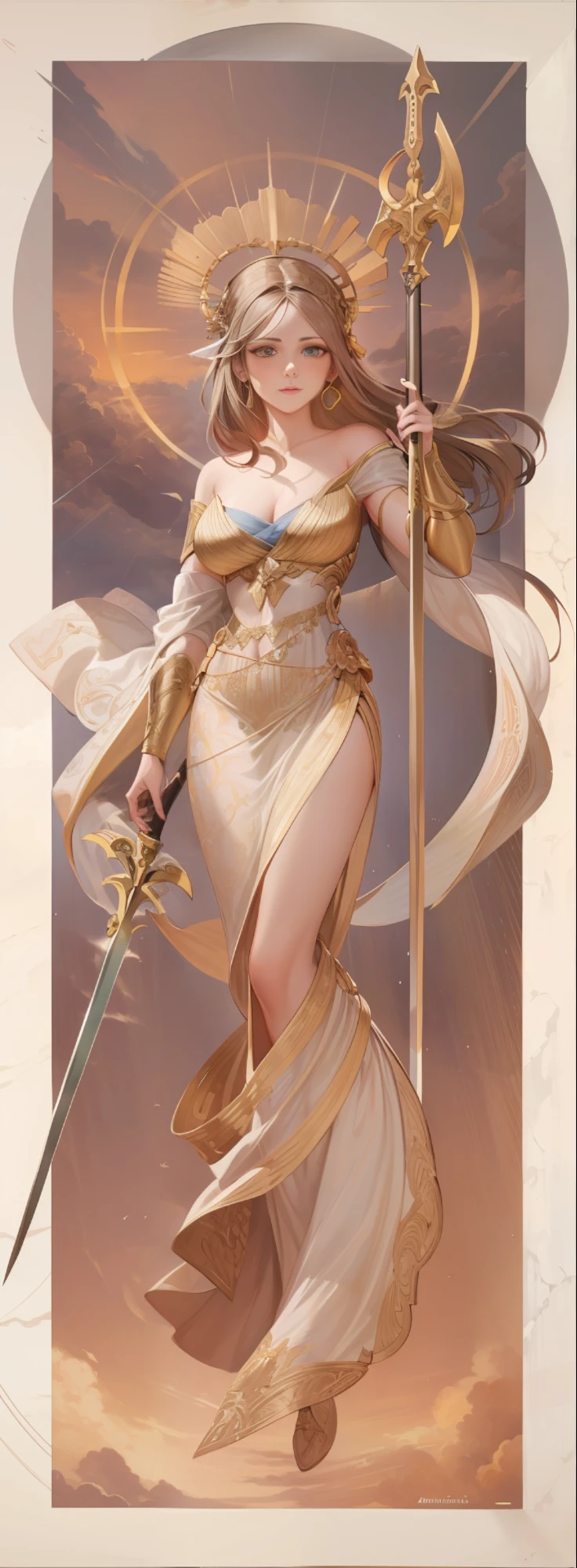 a masterpiece of,Super-High Resolution,A beautiful woman with a sword and halberd in her hand, Long hair floating in the air,Ancient Greek idols style,deusa Atena,Goddess of battle,Goddess of beauty,body art,The wind blows the clothes and floats,The background is sky and clouds, Thomas Blackhill,greek goddess athena, j c leyendecker 8 k, alphonse mucha j. portrait of celtic goddess diana, venus godness athena,