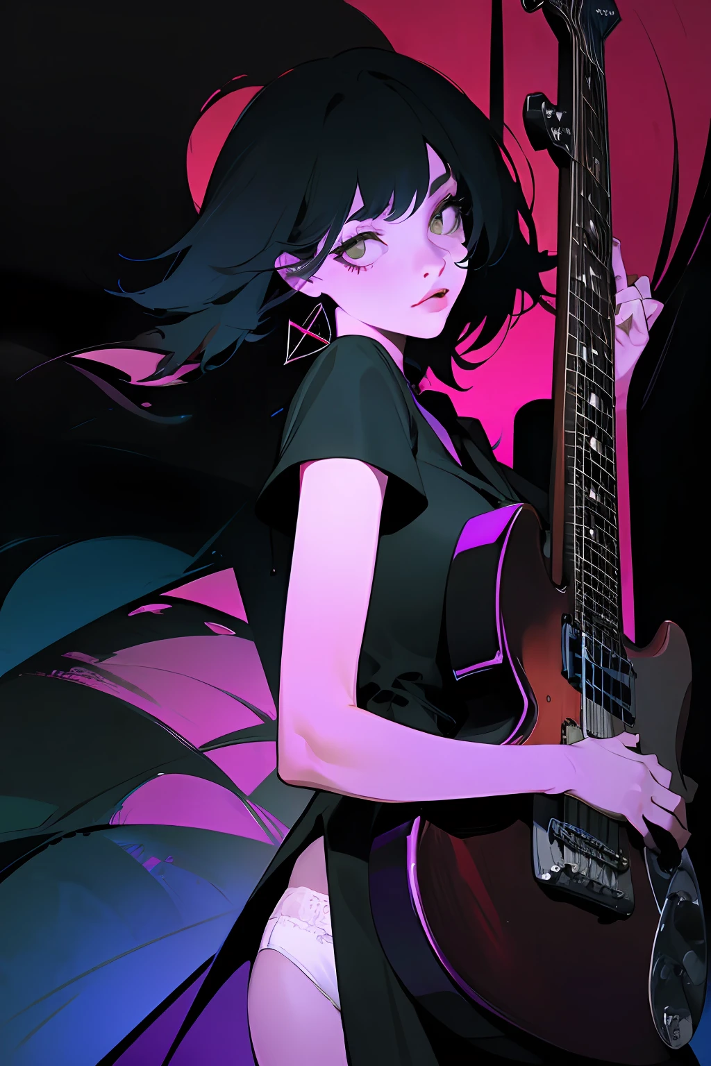 (masterpiece, best quality), 1girl, yo, realistic, black dress, red tie, goth, (white panties), panties over pantyhose, upskirt, (red electric guitar), standing, vibrant colors, abstract background, lines geometric, night, dark theme, high contrast, deep shadows