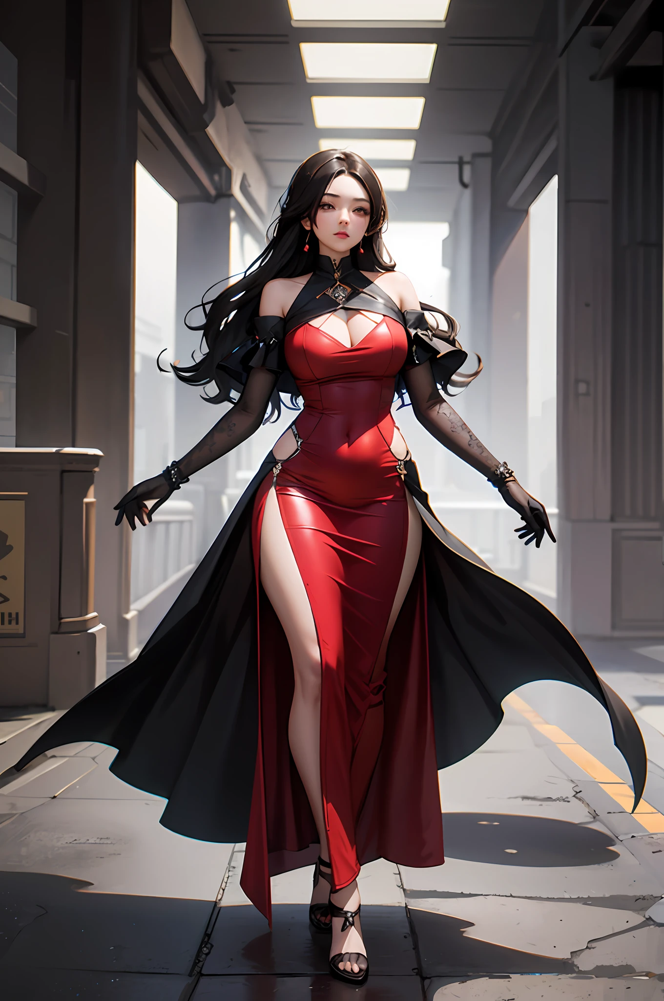 Highly detailed, High Quality, Masterpiece, beautiful, Glitching, glitch, solo, Girlfriend, red dress, curvy hourglass figure, full body.