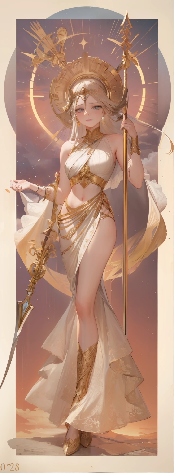 a masterpiece of,Super-High Resolution,A beautiful woman with a sword and halberd in her hand, Long hair floating in the air,Ancient Greek idols style,deusa Atena,Goddess of battle,Goddess of beauty,body art,The wind blows the clothes and floats,The background is sky and clouds, Thomas Blackhill,greek goddess athena, j c leyendecker 8 k, alphonse mucha j. portrait of celtic goddess diana, venus godness athena,