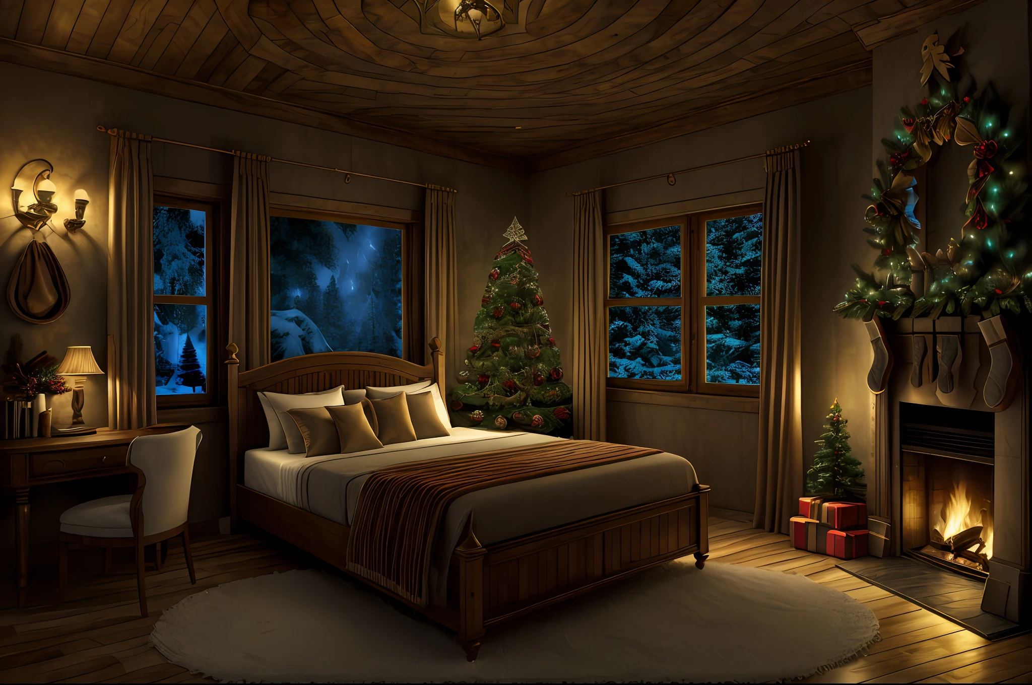 gran obra de arte,fotografia ultrarealista, (Dormitorio con  una cama  Acogedora), escena encantada, Thomas Kinkade,(Yuletide), cute cozy room, cozy room, photorealistic room, Hermoso render de un cuento de hadas, Ambiente acogedor, realistic fantasy render, Papel tapiz acogedor, personal room background, Noche de Navidad, acogedor y tranquilo, motor irreal ; romantic theme, cozy atmospheric
