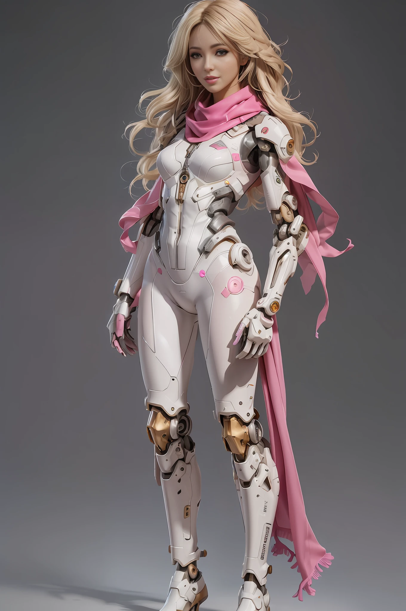 araffe dressed in a white and pink outfit and pink scarf, streamlined pink armor, porcelain cyborg armor, Beautiful robot character design, porcelain cyborg, of a beautiful female warframe, Full body CGsociety, slick pink armor, barbie cyborg, ferra white mecha, female mecha, by senior character artist, gynoid cyborg body, female robot