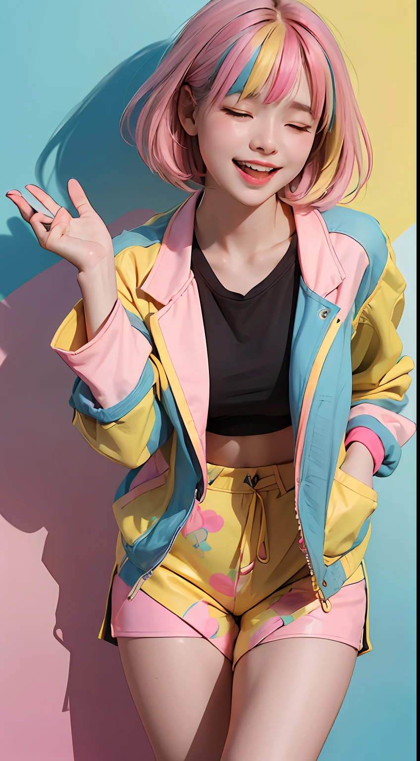 white 20yo female, (((yellow-blue-pink mix multicolor hair))), (((happy laughing, closed eyes, gestures hand))), ((perfect expression)), medium-short hairstyle, wearing pastel colorstyle cropped tshirt with stylish printed jacket and various shorts, large-breasted, take standing kawaii full body portrait, (multicolor flat wall background), realistic shadow, starring at camera, (rembrant colorful pastel theme), canon eos 5D mark iv with 75mm, ultra highres photography, 8k wallpaper, soft rim light, ((masterpiece, photorealistic, best quality, hyperdetailed:1.2)), pulling shirt, cleavage, (perfect teeth, perfect fingers, perfect hands, perfect light)