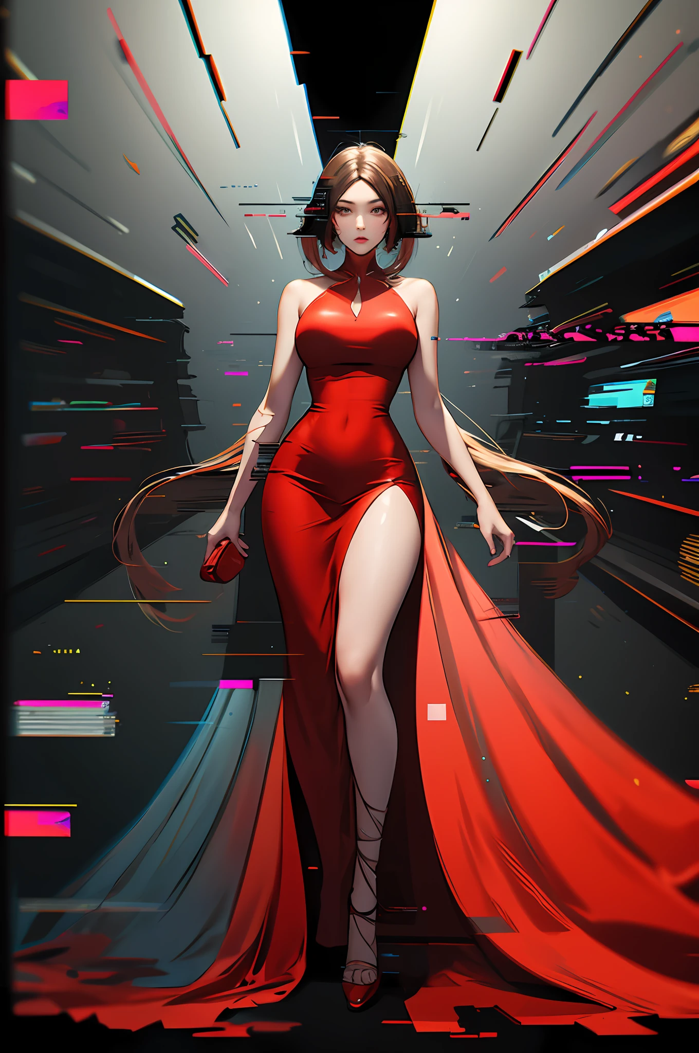 Highly detailed, High Quality, Masterpiece, beautiful, Glitching, glitch, solo, Girlfriend, red dress, curvy hourglass figure, full body.