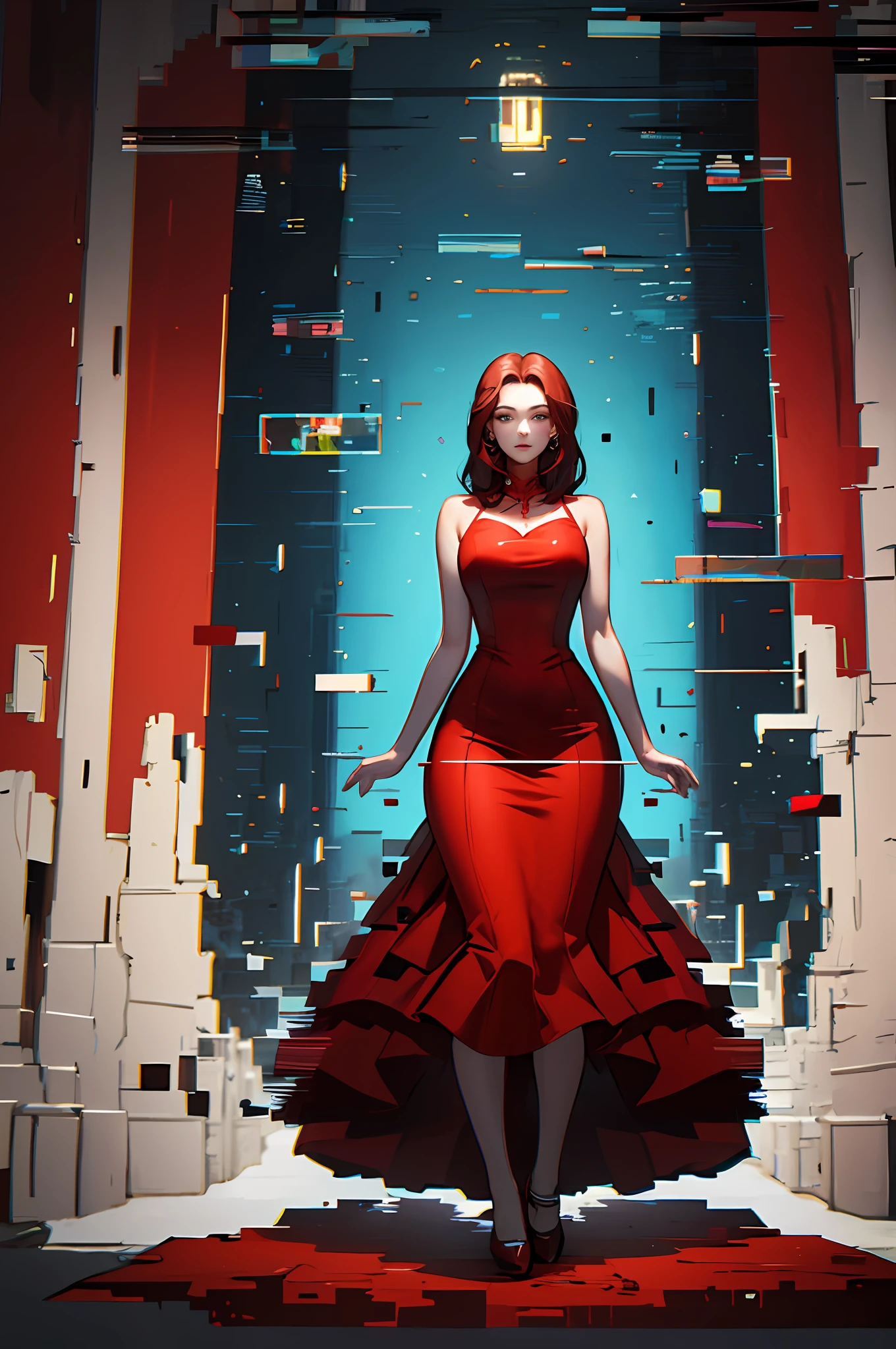 Highly detailed, High Quality, Masterpiece, beautiful, Glitching, glitch, solo, Girlfriend, red dress, curvy hourglass figure, full body.