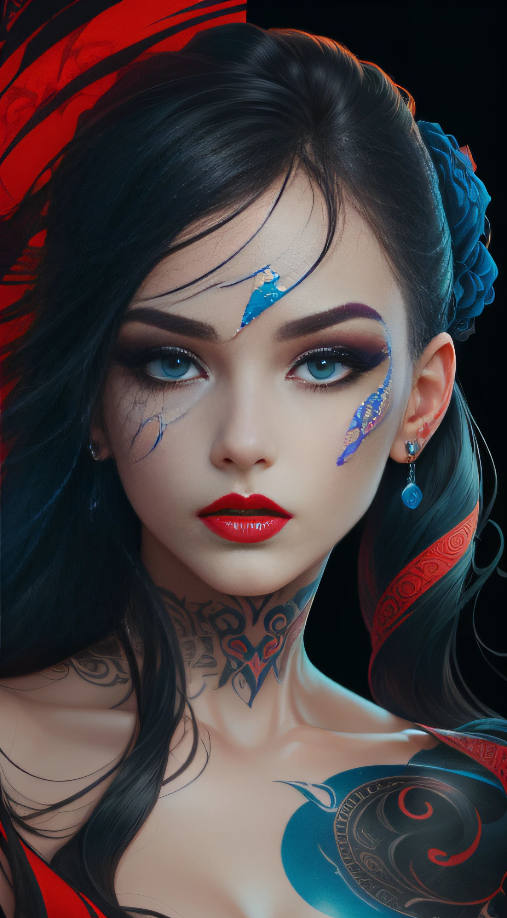 巨作, The best quality, Ultra-high resolution, Beautie, Elegance, Elegance, Award-winning art, a woman with many tattoos, portrait of a beautiful, Half naked, travis charest style, Red lips, Silence in chaos, model posture in fashion shows, Blue eyes, Red lips, Dark theme, visual shock, Gorgeous