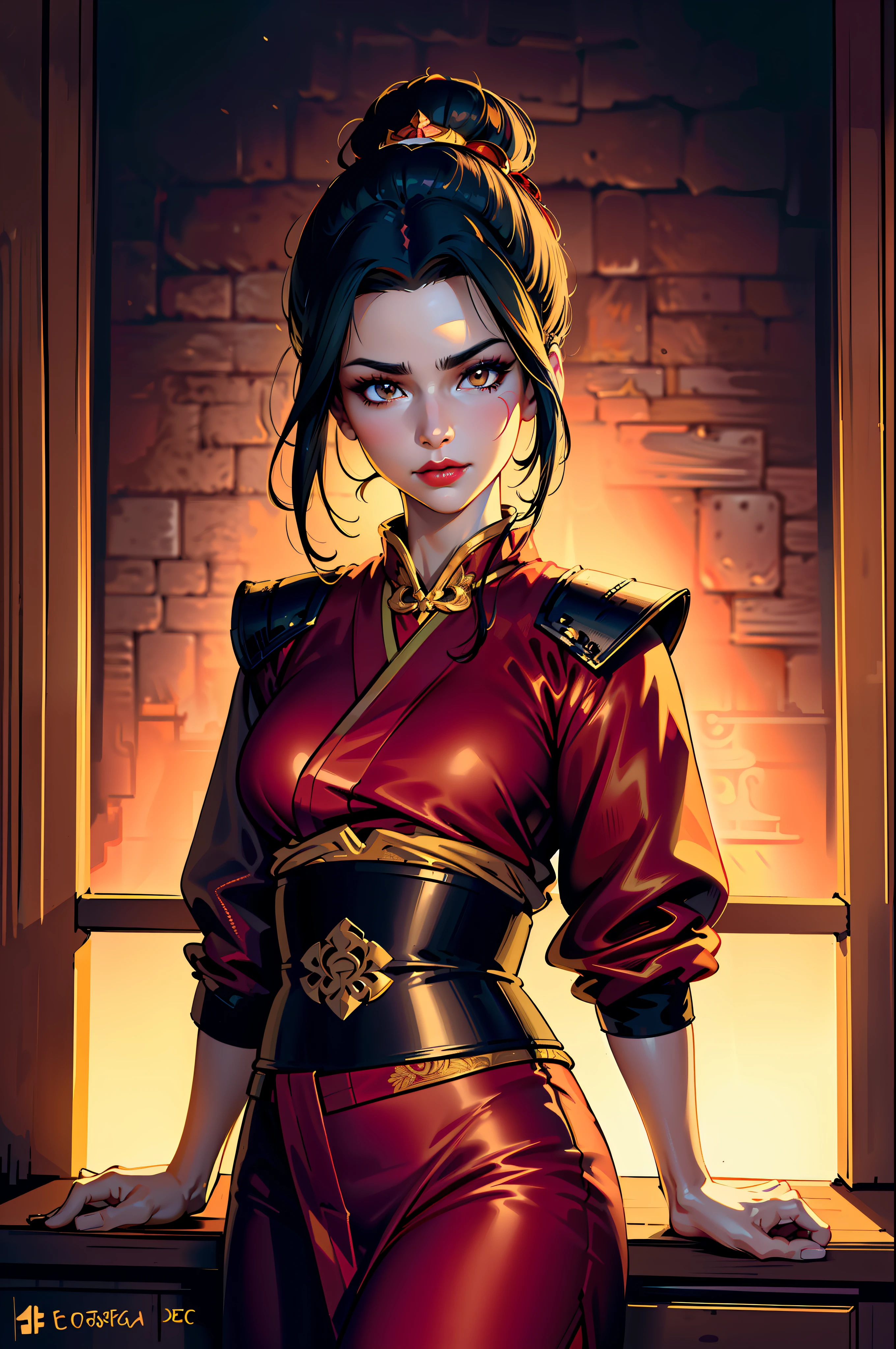 ultra-realistic 8k CG, masterpiece, ((ultra detailed background, fine drawing, intricate details, high detail, better quality fine details, hyper-detailed face)), (photorealistic: 1.4), beautiful lighting, absurdity, RAW photo, film grain, Azula, 1girl, solo, black hair, brown eyes, makeup, lipstick, red lips, single hair bun, navel, side strands, hair decoration, ((medium breasts, slim girl)), ((open kimono, Chinese clothing)), ((intricately detailed background, inside, dim lighting, moody lighting, inside the castle, castle wall, inside, medieval castle environment))