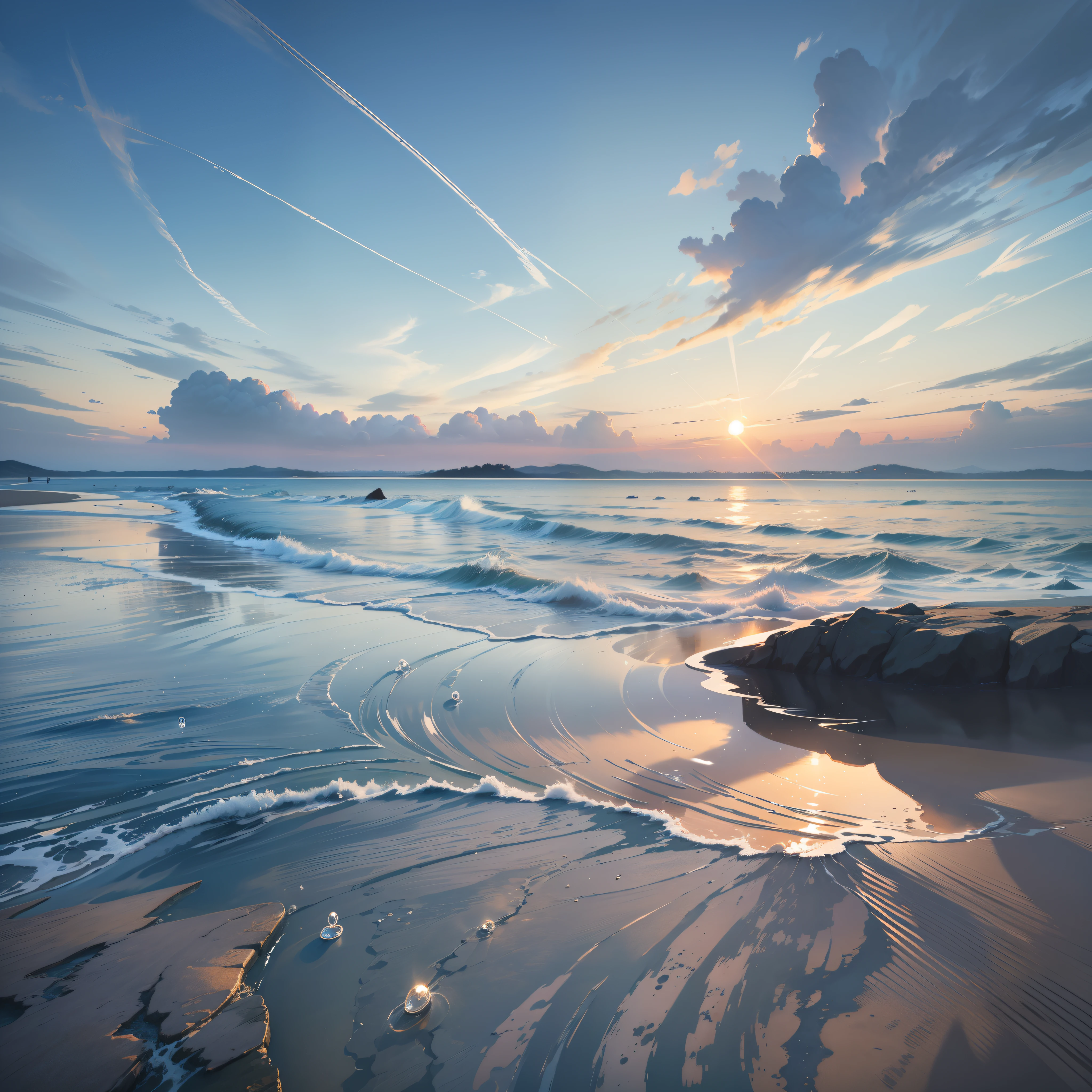 Paint a picture of a soft sunrise and an oriental seascape
