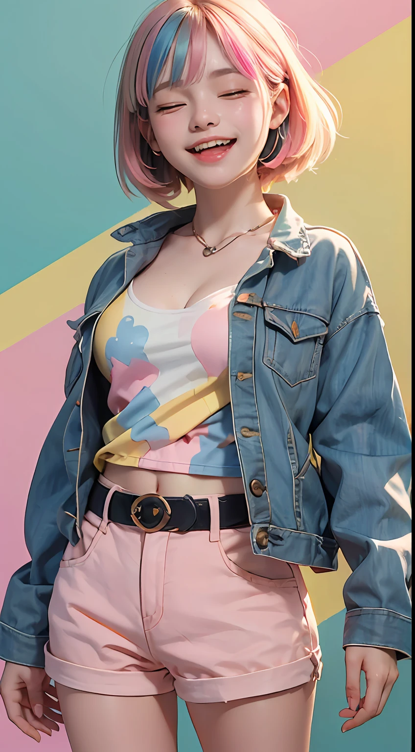 white 20yo female, (((yellow-blue-pink mix multicolor hair))), (((happy laughing, closed eyes, gestures hand))), ((perfect expression)), medium-short hairstyle, wearing pastel colorstyle cropped tshirt with stylish printed jacket and various shorts, large-breasted, take standing kawaii full body portrait, (multicolor flat wall background), realistic shadow, starring at camera, (rembrant colorful pastel theme), canon eos 5D mark iv with 75mm, ultra highres photography, 8k wallpaper, soft rim light, ((masterpiece, photorealistic, best quality, hyperdetailed:1.2)), pulling shirt, cleavage, (perfect teeth, perfect fingers, perfect hands, perfect light)