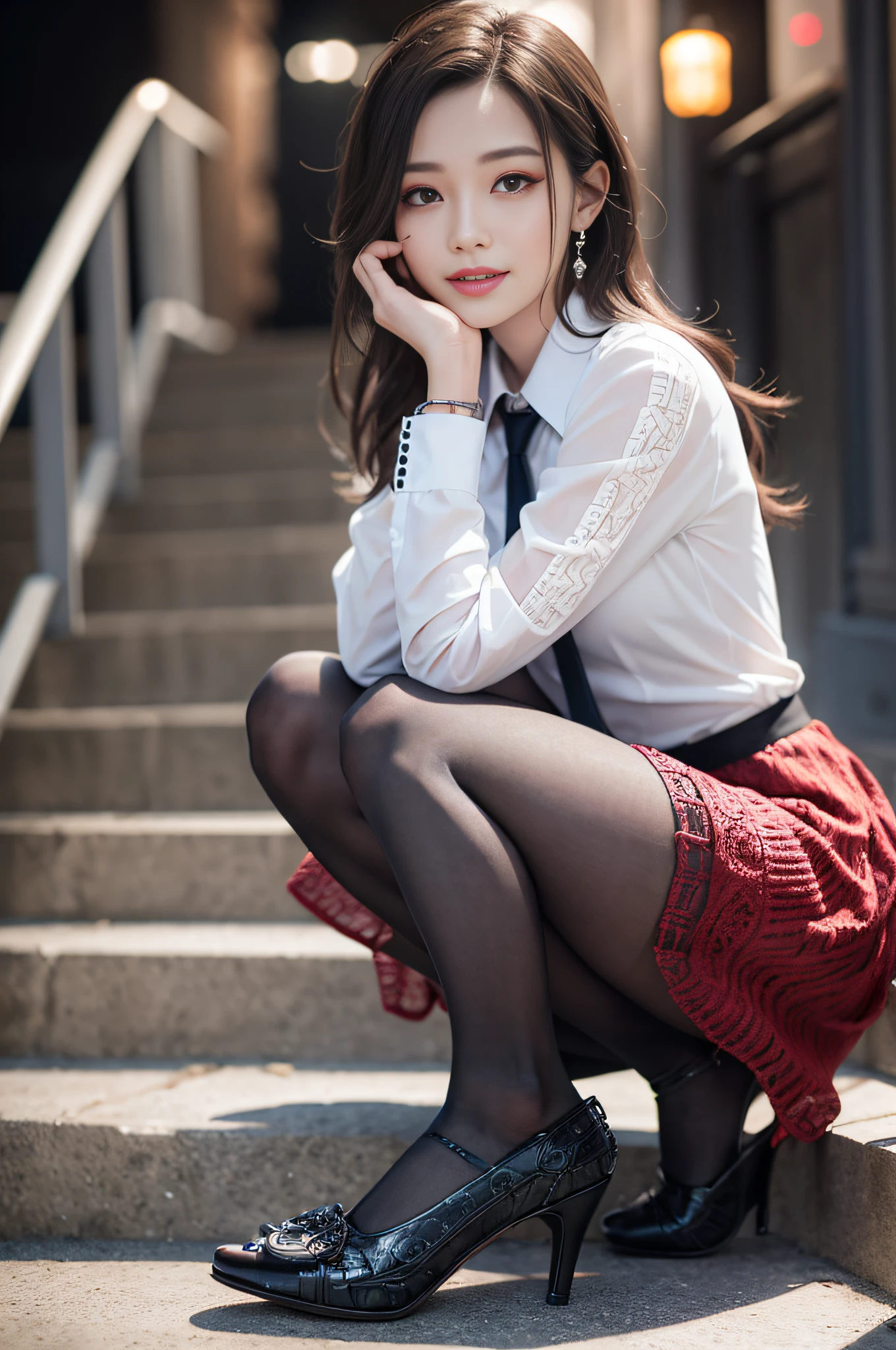 8K RAW photos、high - resolution、17-year-old daughter、layered hair、Formal shirts、formal skirt、Smiling smile、long eyelash、beautiful double eyelids、eyeshadows、beautiful and thin legs、Pantyhose、bobhair、In front of the station at night、Stairs at night、squating、sit ch、Luxury high heels、(Intricate Detailing:1.4),(photorealestic:1.4),octane renderings, Complex 3D Rendering Ultra Detail, Studio soft light, rim-light, vivd details, Super detail, realistic skin textures, Detail face, Beautiful detail eyes, Very detailed CG Unity 8k wallpaper, Makeup, (Detailed background:1.2),