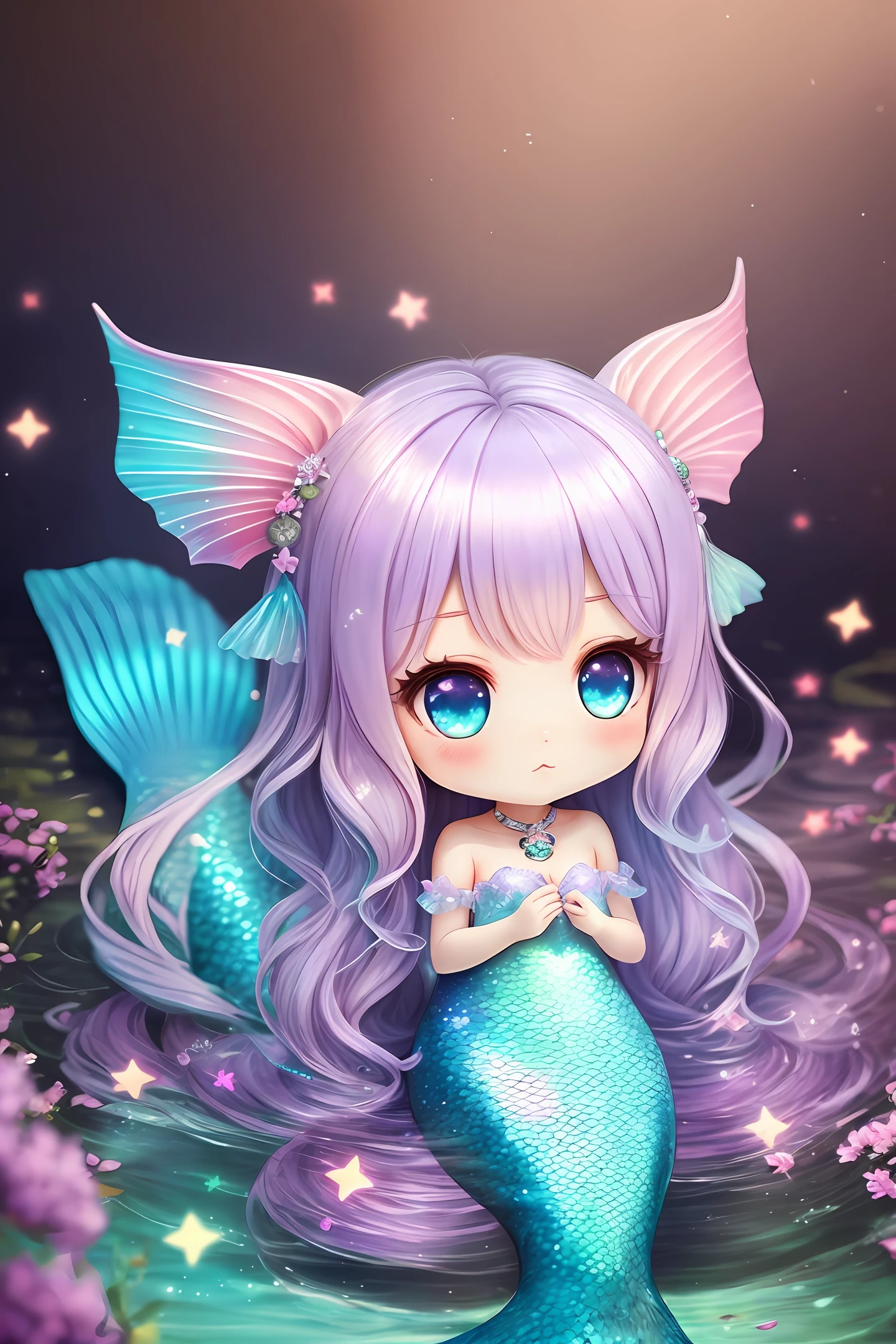 cute Freak chibi mermaid, long hair, pearlescent, holographic, pink ando lilac --auto --s2