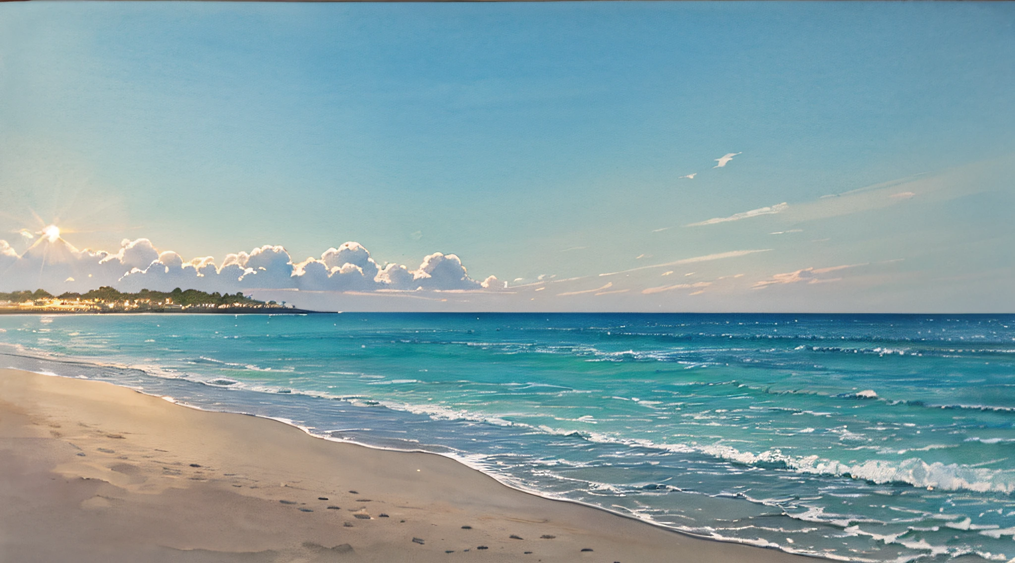 calm sea, crystal clear sea, white sand, resort, (day: 1.2), ((natural lighting)), clear focus, (long shot: 1.1), watercolor, painting, (winter: 1.2), horizon