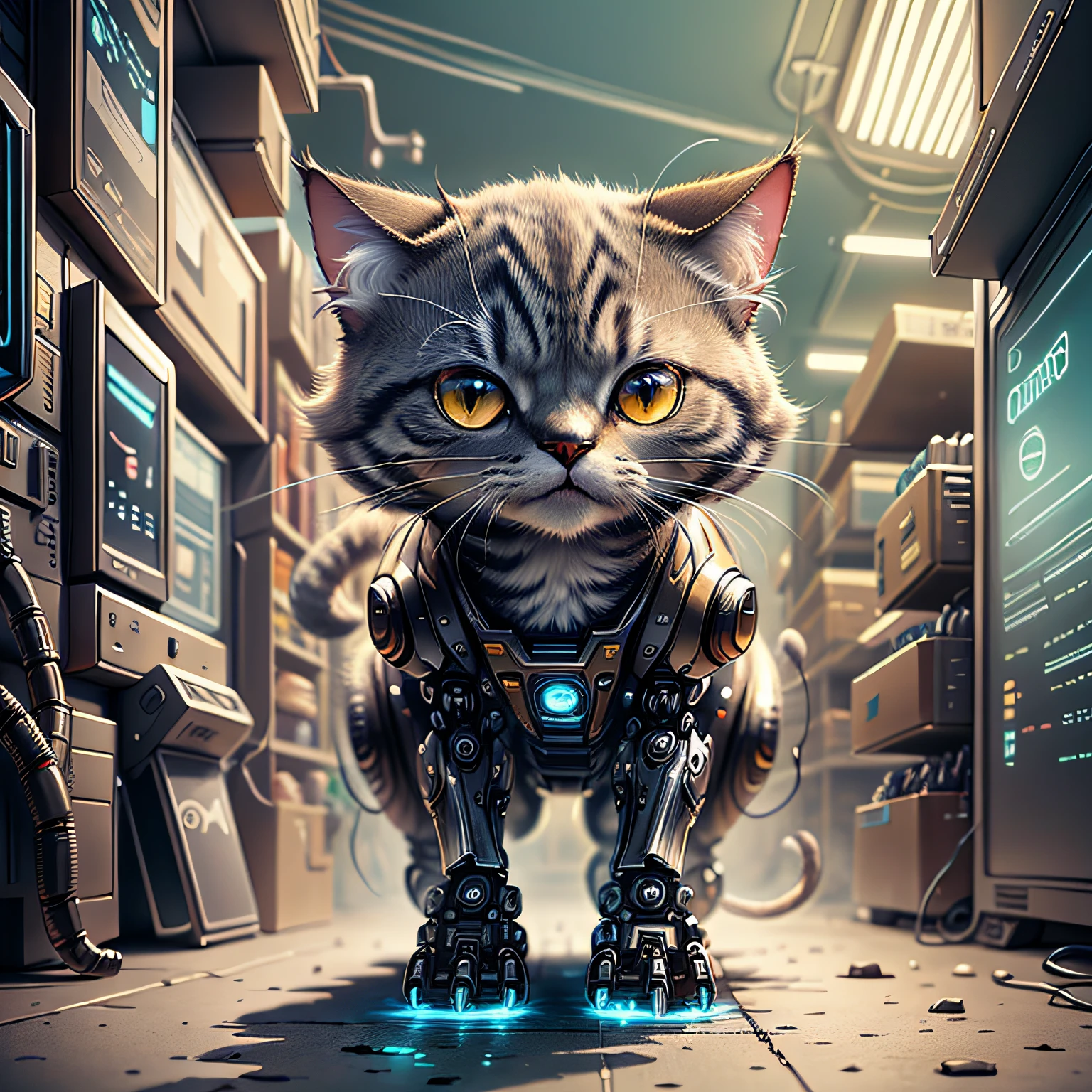 ((Cartoon)) (robotic cat) (2d) (colors) fundo cidade grande