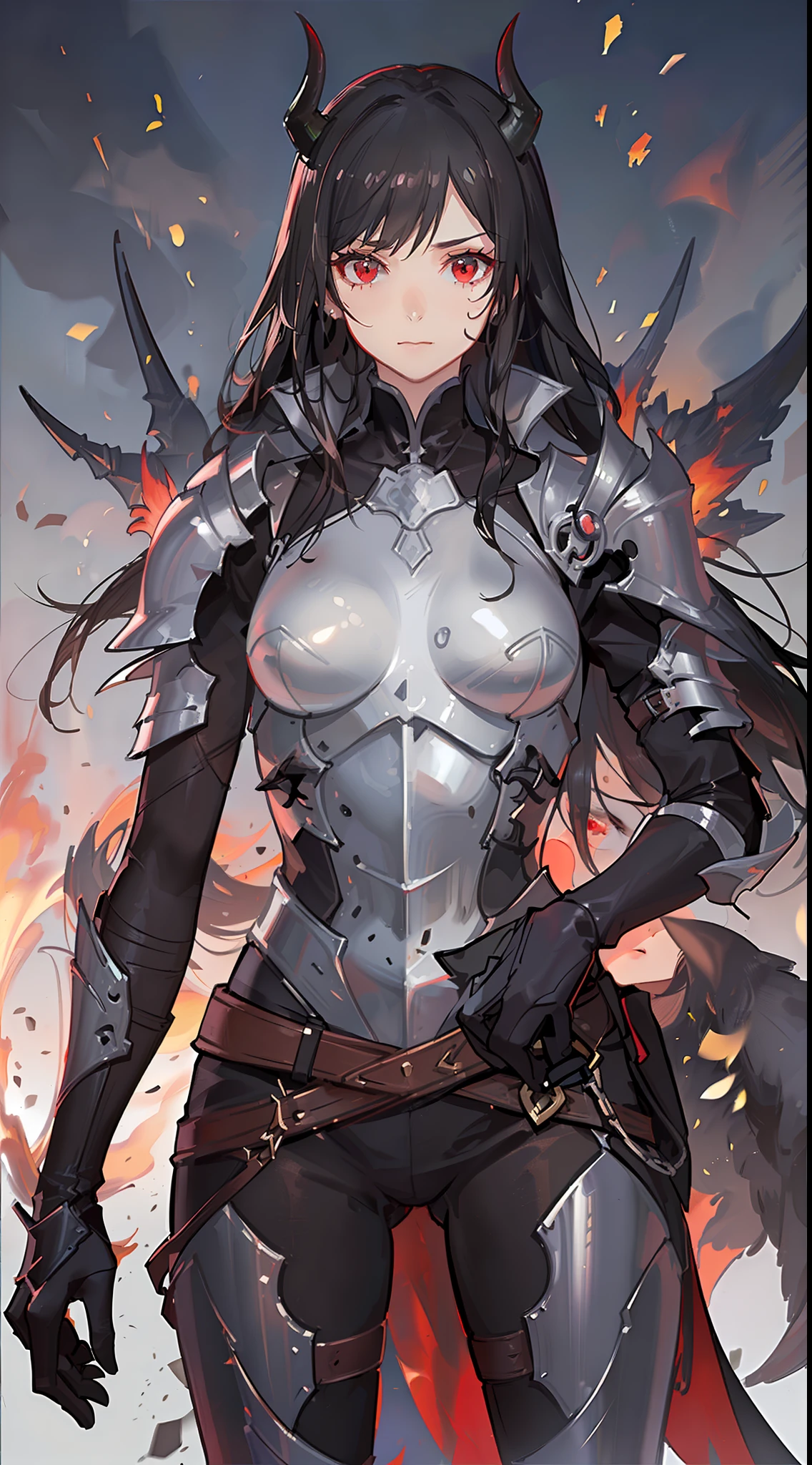 Young guy, Long black hair, red eyes, red tattoo on face, demon armor, daedric armor, Rage, Masterpiece, highly quality