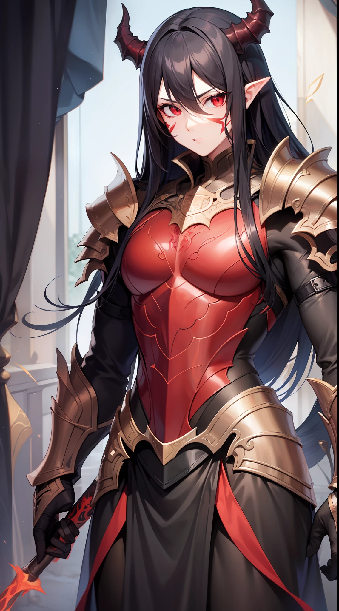 Young guy, Long black hair, red eyes, red tattoo on face, demon armor, daedric armor, Rage, Masterpiece, highly quality