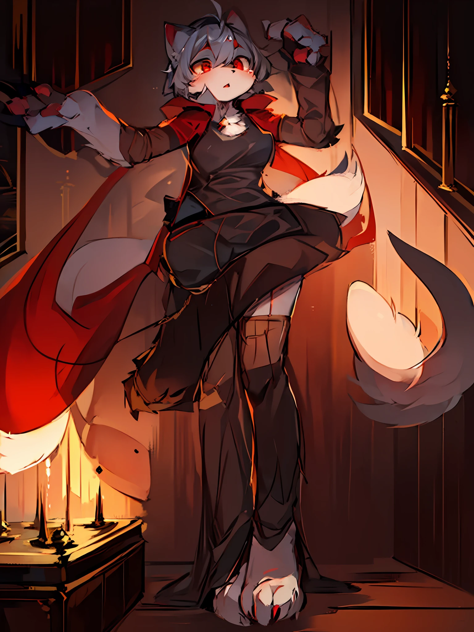 (Dark Environment: 0.8), Masterpiece, High Quality, Abstract Res, Digital Painting\(artwork\), by Dagasi, Yupa, Kiyosan, (Anthro, Fluffy Fur, Character Focus: 1.1), Anthro Male Cat, Short Hair, Portrait , bright eyes, panorama, character focus. (Background: 0.7), Solo, Furry, Furry Female, Female Focus, Anthr, (Full Body Fur, Fluffy Tail, White Fur, Red Eyes, Gray Hair: 1.2), (Canids, Vampires, Cloak: 1.2), (Interior, Night, Castle, Coffin: 1.1)