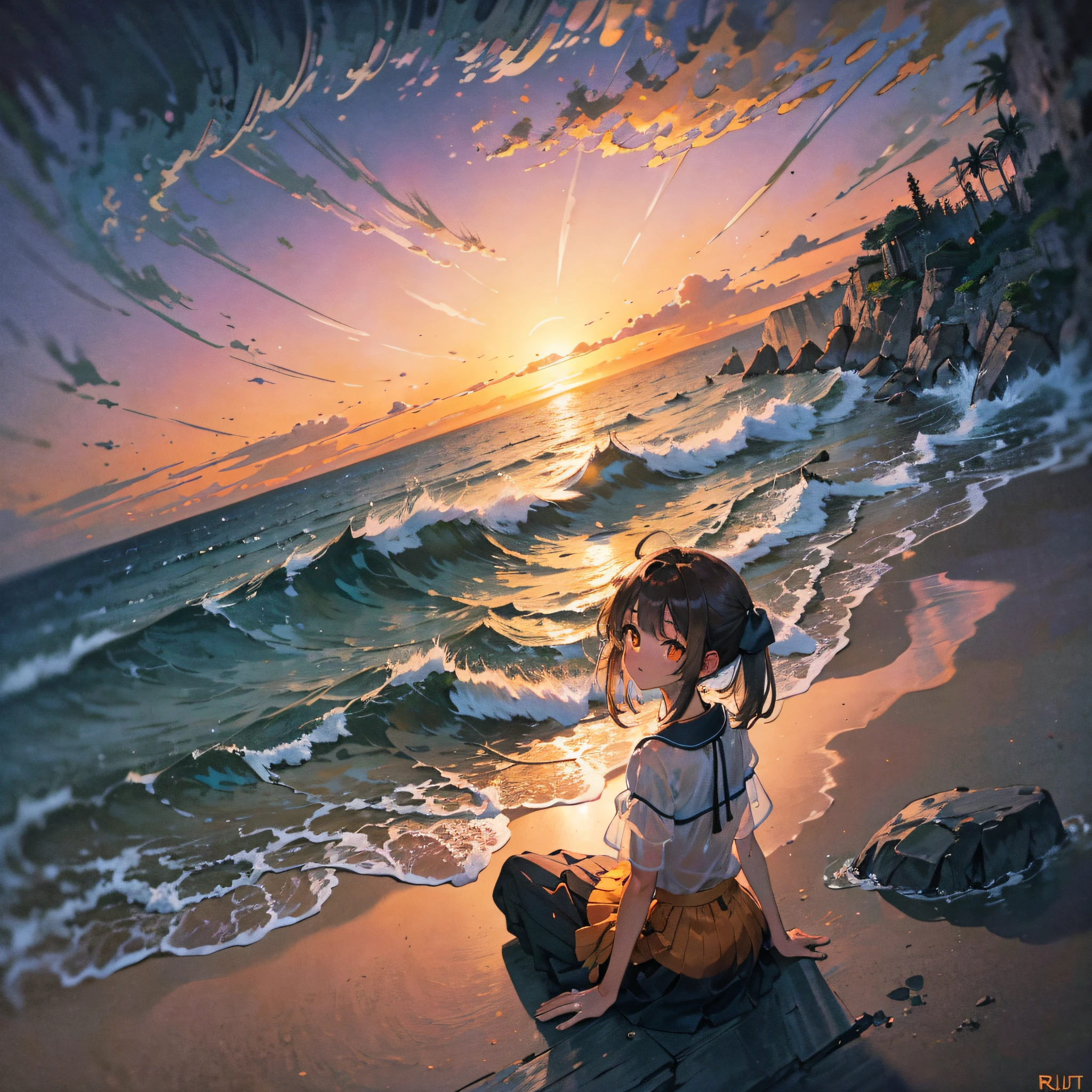 pov,,From  above,Sunset, beach,from behind,sitting on rock,sitting, yellow sundress, Backlight, hair tied, shoreline, waves crashing, ocean, warm breeze, seagulls, sand between toes, serene ambiance, gentle waves, peaceful horizon, Vibrant colors, beachside stroll, Tranquility, the golden hour, idyllic scenery, dreamy ambiance, calming waves, relaxing escape, evening glow, seaside serenity, seductive beauty, summer feel,Not wearing pants、 coastal charm. ,A smile, Wet, ,{{Eroge,Game CG,High quality game CG,{{masutepiece}}, {{Top image quality}}}, {{ultra hyper-detailed}}, {{Illustrations}}, break ,magical  girl,brooch, {{dishevled hair} ,,{{{1girl in}}},Ruffled skirt,,8years d,{Short},,A smile, Brown hair,Middle hair, Water、Clothes are see-through、Black skin, Flat-chested, Dark skinned,{{Ribs}},{{{see-thru}}},, Orange Eyes,Wet,{Blunt bangs},[Forehead],forehead mark, Slit pupil,,{{dark skinned female}}, break --auto