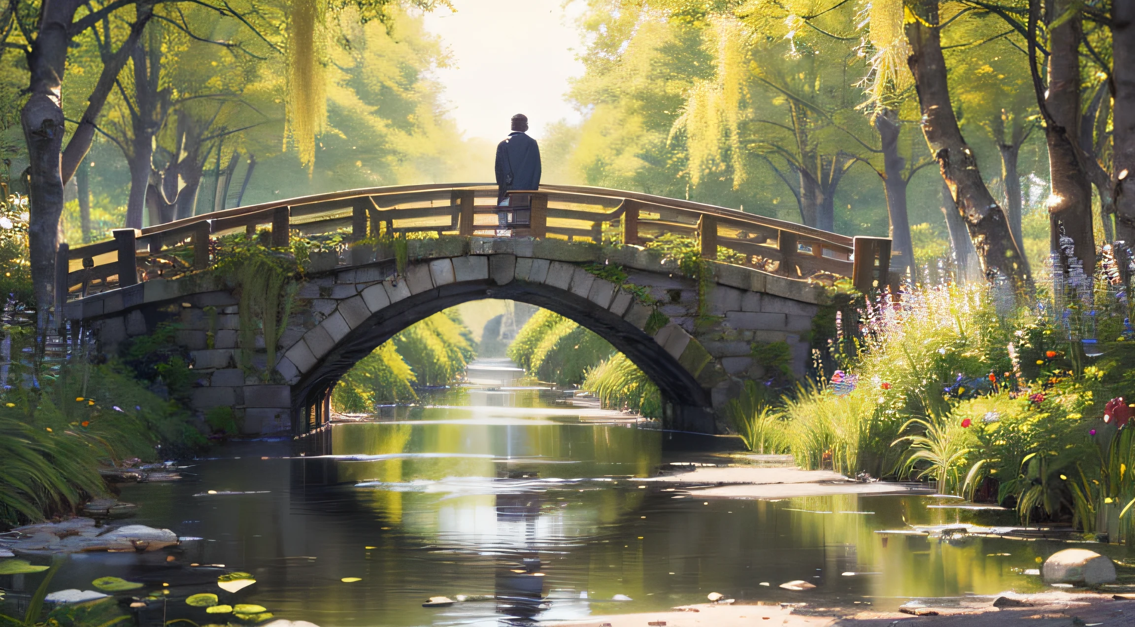 A man,,(((willow))), riverbank, small bridge, moon landing, bridgehead, shimmering embellishment,