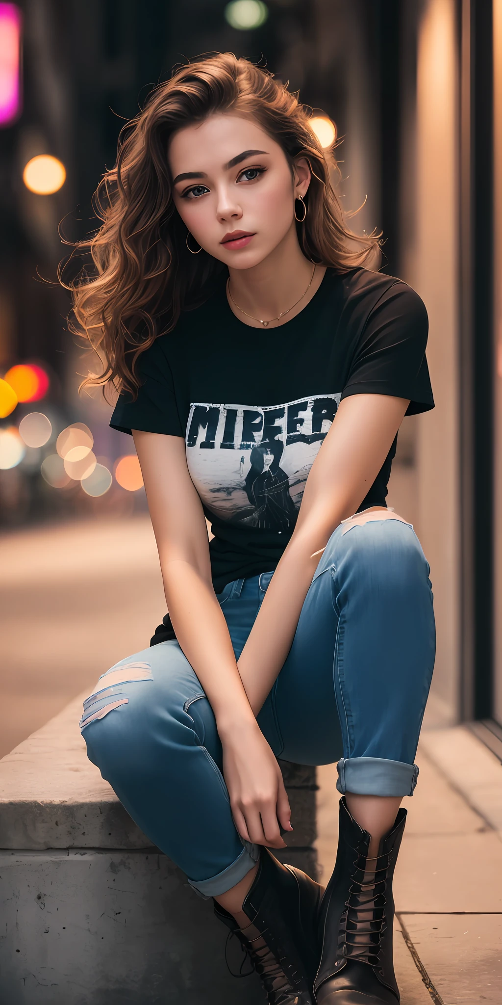photo of a 25 years old european girl, RAW, beautiful woman, (extra long wavy brown hair), ((portrait)), ((detailed face:1.2)), ((detailed facial features)), (finely detailed skin), pale skin, (high detailed, Round neck black basic teeshirt, skinny jeans, ankle Boots), cyberpunk megacity environment, (cold colors), damp, moist, reflections, (masterpiece) (perfect proportion)(realistic photo)(best quality) (detailed) photographed on a Canon EOS R5, 50mm lens, F/2.8, HDR, (8k) (wallpaper) (cinematic lighting) (dramatic lighting) (sharp focus) (intricate)