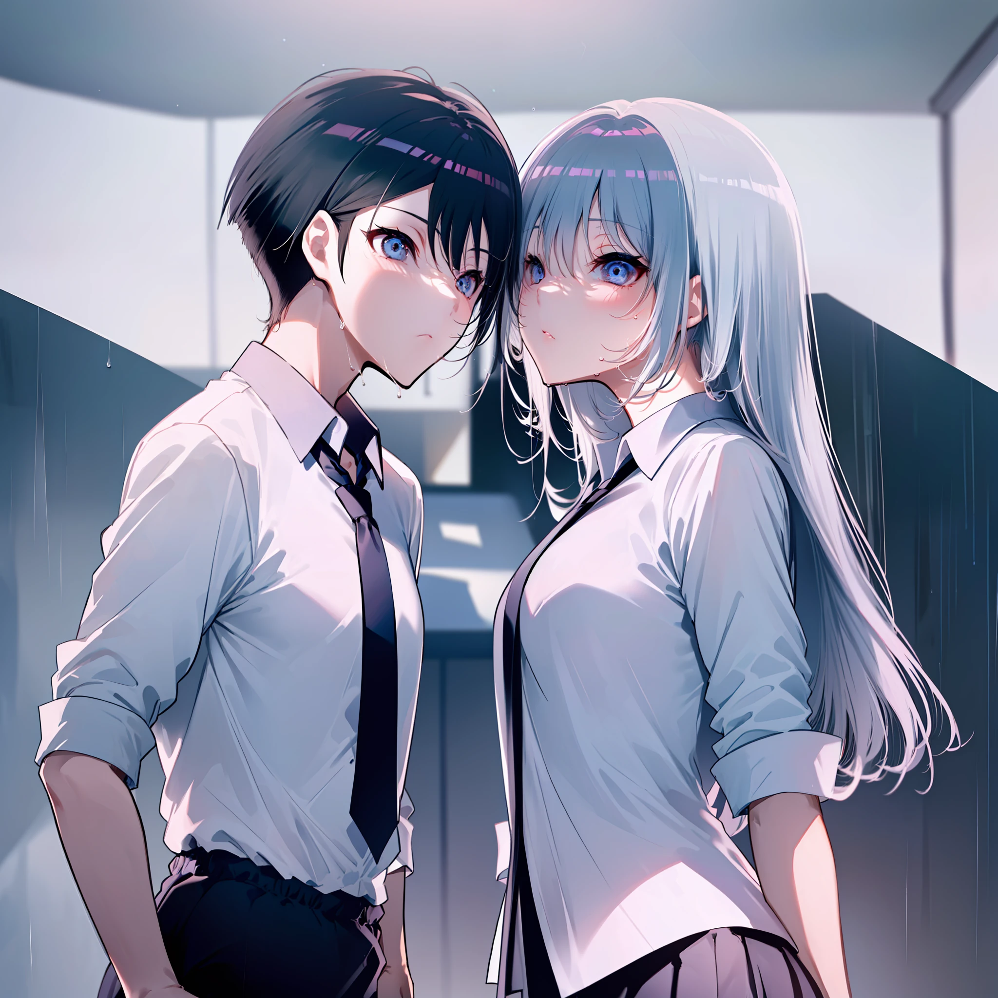 (((obra-prima))), (((melhor qualidade))), alto, ((((((1boy with short black hair and 1girl with long gray hair are kissing)))))), ((((1girl she has gray hair with blue eyes and 1boy he has short black hair with red eyes who are classmates)))), ((((They have different hair colors and eyes do not confuse)))), (desenha Kei e kiyotaka ayanokoji olhando um para o outro), (2schoolmates who are Kei and kiyotaka ayanokoji looking at each other), (Kei1), (1Menina), (((((Ela tem olhos azuis))))), (ela tem cabelo longo), (ela usa um uniforme escolar), (ela tem fita), (ela tem franja), fcollarbone, ela tem cabelo grisalho, (ela tem faixa de cabelo preto), (she has neck tape), (cabelo entre os olhos), (She has medium breasts), (Tiroteio de Cowboy), (she is looking seriously at Kiyotaka Ayanokuji), (anatomicamente correto corpo inteiro), (is standing in the street with rain falling), (esta com uma cara triste e preocupada), (Full detailed scenario), (1menino), (Kiyotaka Ayanokuji), (adolescente de 15 anos), school uniform white shirt black jacket open jacket red tie long black pants seated, ((((ele tem olhos vermelhos)))), ((ele tem cabelo preto curto)), corpo inteiro anatomicamente correto, pernas normais, usa sapatos pretos, (ele esta olhando para Kei1 ou para a garota), ((He's in front of Kei wanting to give her a kiss with his eyes closed)) , (it's head on for Kei), (Cena emocionante), (misterioso), (Full scenario), ((((They're soaking up with a lot of passion and abrasion)))), ((((They are being wet by the rain along with their clothes)))), ((Their bodies are anatomically correct and detailed without errors))