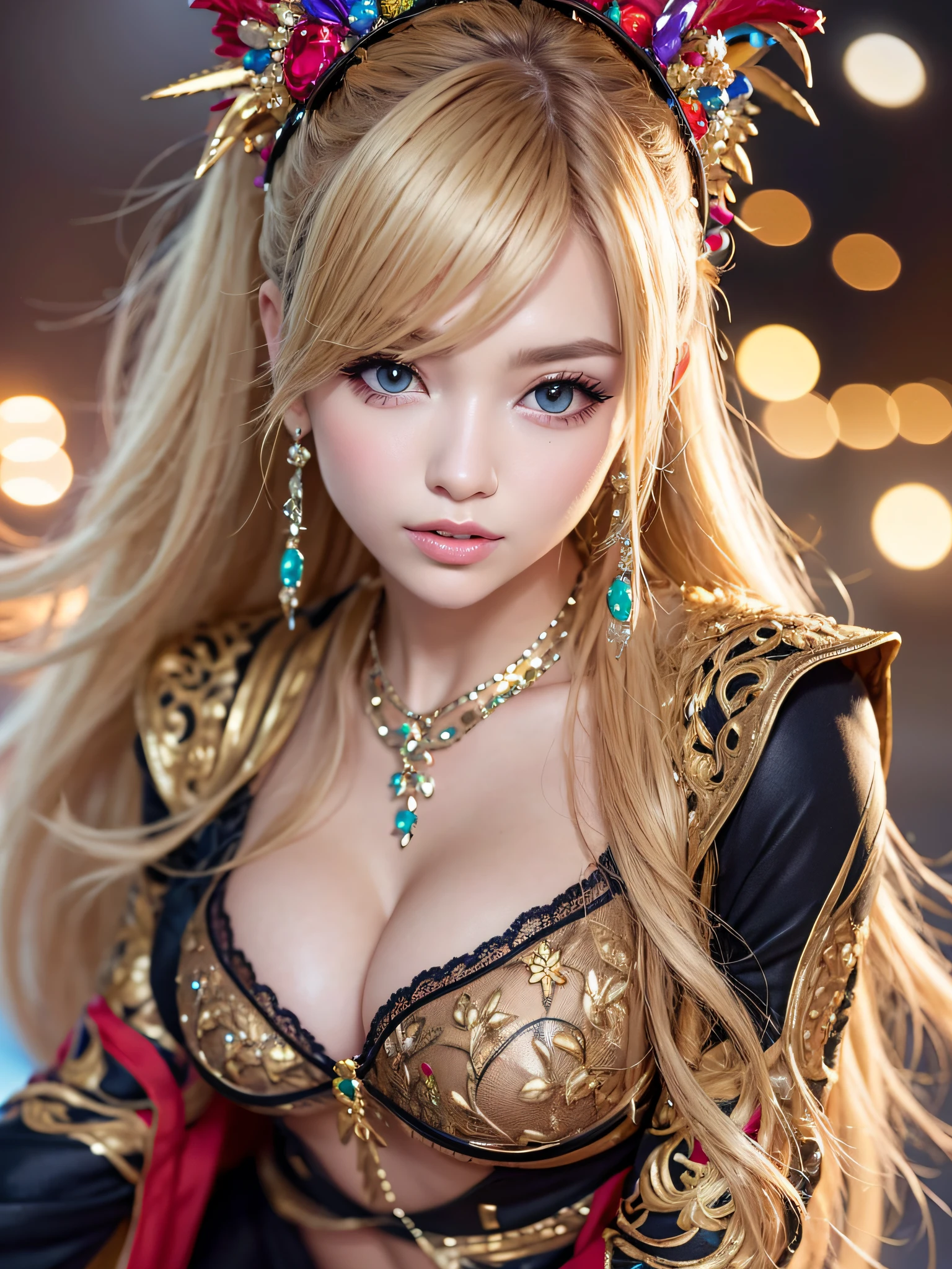 1 girl in、ultra hyper-detailed、шедевр、最好质量、ultra-high-resolution、16k picture quality、Photogenic clarity、Detailed eye、physicallybased rendering、nights、flawless skin、A sexy、happy facial expression、carnival、Detailed and intricate carnival costumes、lacy fabric、最好质量、big tit、seducting、a sexy pose、poneyTail、Dark eyeliner、a blond,piercings、neckless、long boots、hair adornments、Bracelet、cute-cute、Brazil、Background of Rio de Janeiro、A lively festival、