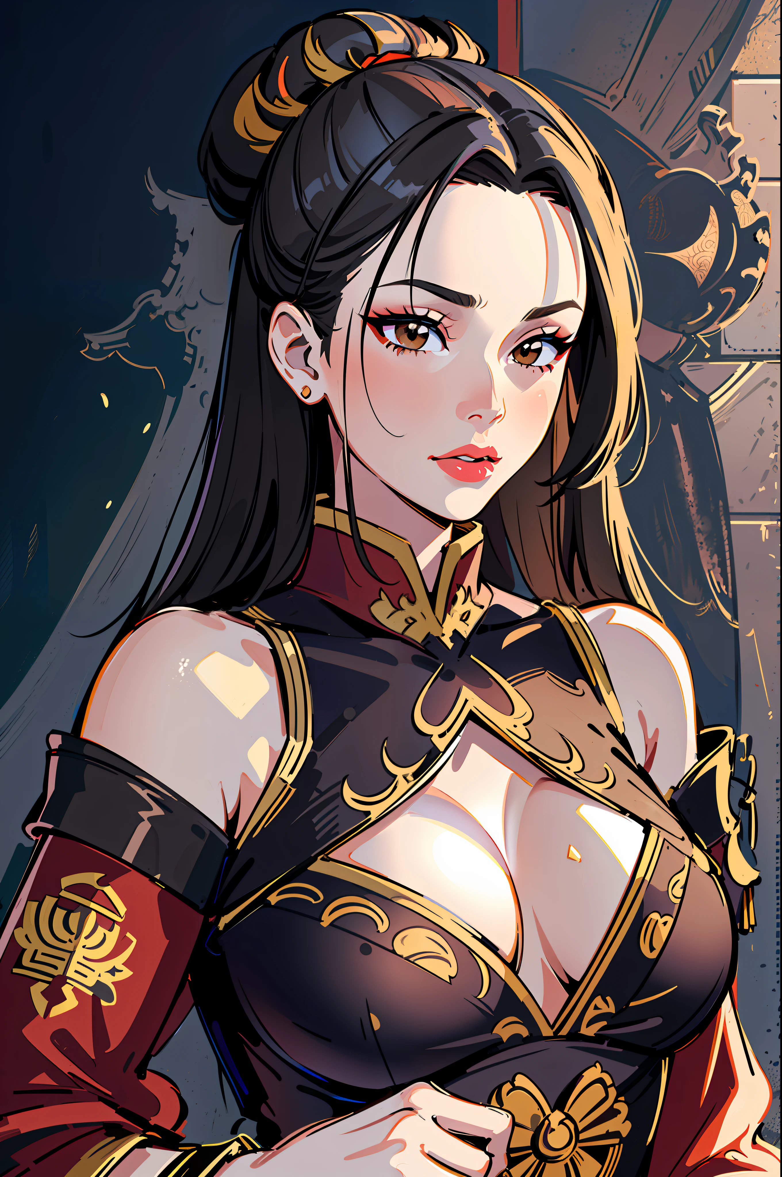 ultra-realistic 8k CG, masterpiece, ((ultra detailed background, fine drawing, intricate details, high detail, better quality fine details, hyper-detailed face)), (photorealistic: 1.4), beautiful lighting, absurdity, RAW photo, film grain, Azula, 1girl, solo, black hair, brown eyes, makeup, lipstick, red lips, single hair bun, navel, side strands, hair decoration, ((medium , slim girl)), ((open kimono, Chinese clothing)), ((intricately detailed background, inside, dim lighting, moody lighting, inside the castle, castle wall, inside, medieval castle environment))