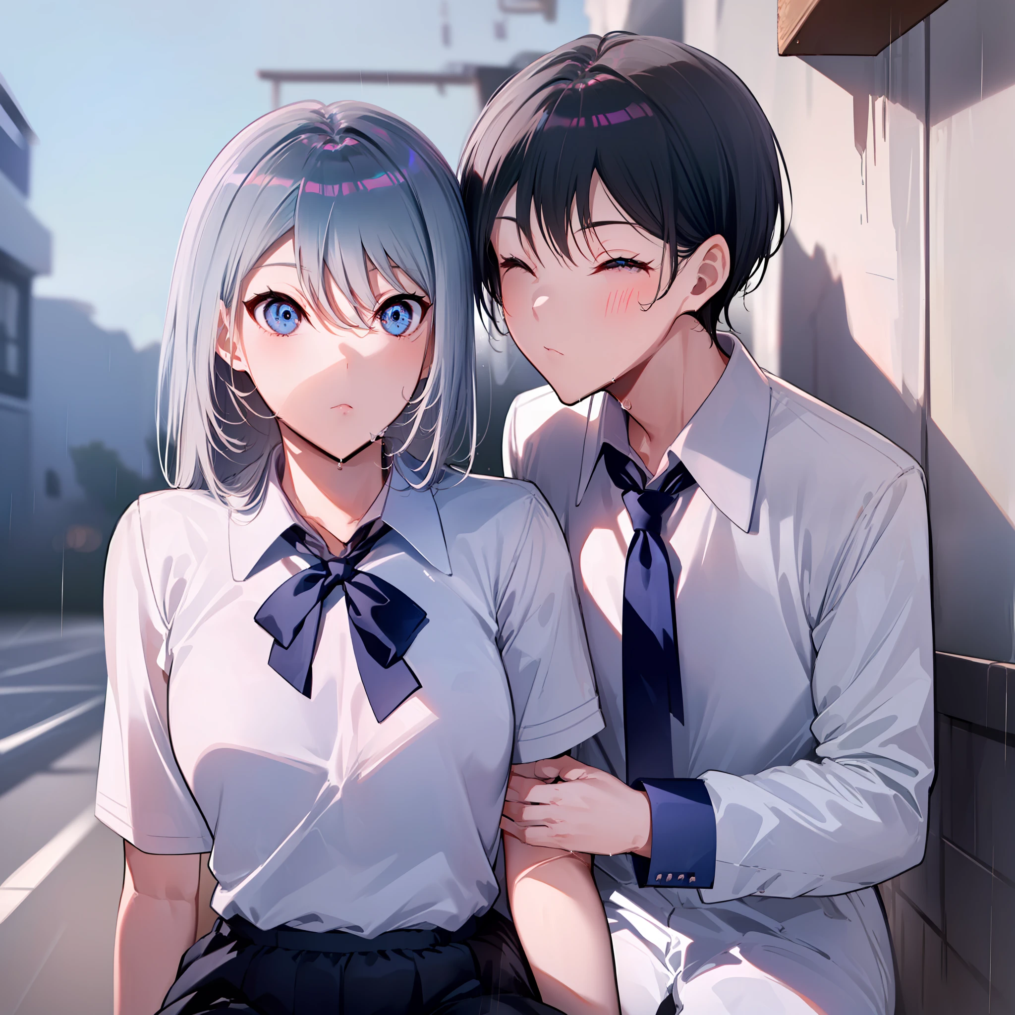 (((obra-prima))), (((melhor qualidade))), alto, ((((((1boy with short black hair and 1girl with long gray hair are kissing)))))), ((((1girl she has gray hair with blue eyes and 1boy he has short black hair with red eyes who are classmates)))), ((((They have different hair colors and eyes do not confuse)))), (desenha Kei e kiyotaka ayanokoji olhando um para o outro), (2schoolmates who are Kei and kiyotaka ayanokoji looking at each other), (Kei1), (1Menina), (((((Ela tem olhos azuis))))), (ela tem cabelo longo), (ela usa um uniforme escolar), (ela tem fita), (ela tem franja), fcollarbone, ela tem cabelo grisalho, (ela tem faixa de cabelo preto), (she has neck tape), (cabelo entre os olhos), (She has medium breasts), (Tiroteio de Cowboy), (she is looking seriously at Kiyotaka Ayanokuji), (anatomicamente correto corpo inteiro), (is standing in the street with rain falling), (esta com uma cara triste e preocupada), (Full detailed scenario), (1menino), (Kiyotaka Ayanokuji), (adolescente de 15 anos), school uniform white shirt black jacket open jacket red tie long black pants seated, ((((ele tem olhos vermelhos)))), ((ele tem cabelo preto curto)), corpo inteiro anatomicamente correto, pernas normais, usa sapatos pretos, (ele esta olhando para Kei1 ou para a garota), ((He's in front of Kei wanting to give her a kiss with his eyes closed)) , (it's head on for Kei), (Cena emocionante), (misterioso), (Full scenario), ((((They're soaking up with a lot of passion and abrasion)))), ((((They are being wet by the rain along with their clothes)))), ((Their bodies are anatomically correct and detailed without errors))