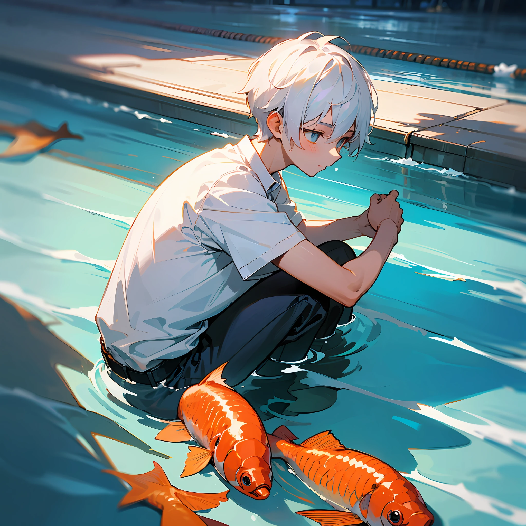Handsome boy,the ocean,Shota,Masterpiece of best quality,ultra detali,illustratio,1boy,white shirt,sun beam,Sat down,Swimming fish,Short Hair Hair,Expressiveness,Light and shadow art,white color hair,affectionate,Around light and shadow --auto