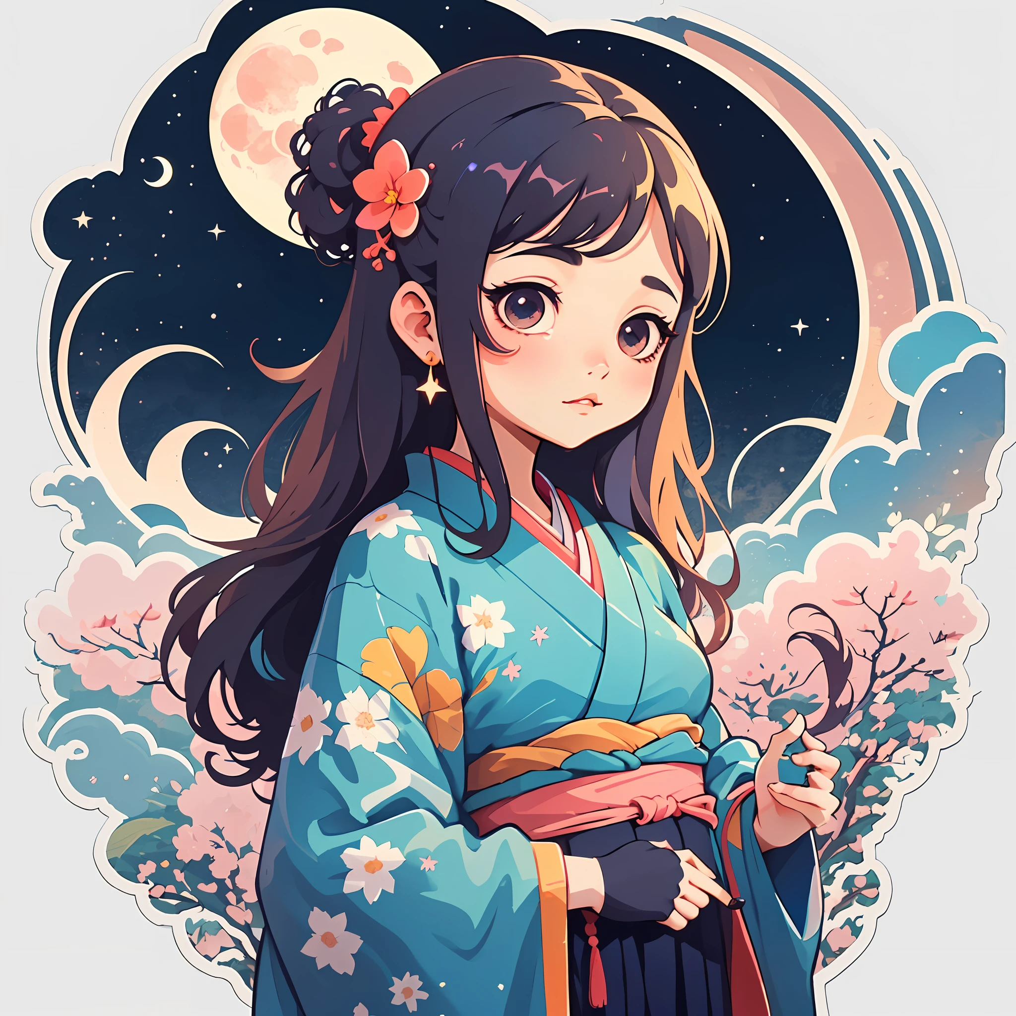 1 sticker, sticker, nikkaze, (cute girl), (gorgeous kimono), (gorgeous hair accessory), (Japanese traditional hairstyle), cherry blossoms, clouds, behind is a huge round moon, stars, white background, no background, simple background, minimal, cute, tiny, pastel color, vector style, no gradient,solo