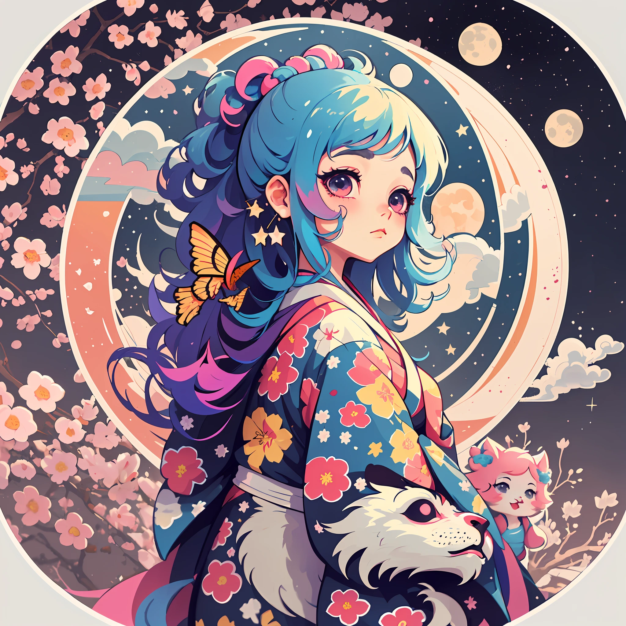 1 sticker, sticker, nikkaze, (cute girl), (gorgeous kimono), (gorgeous hair accessory), (Japanese traditional hairstyle), cherry blossoms, clouds, behind is a huge round moon, stars, white background, no background, simple background, minimal, cute, tiny, pastel color, vector style, no gradient,solo