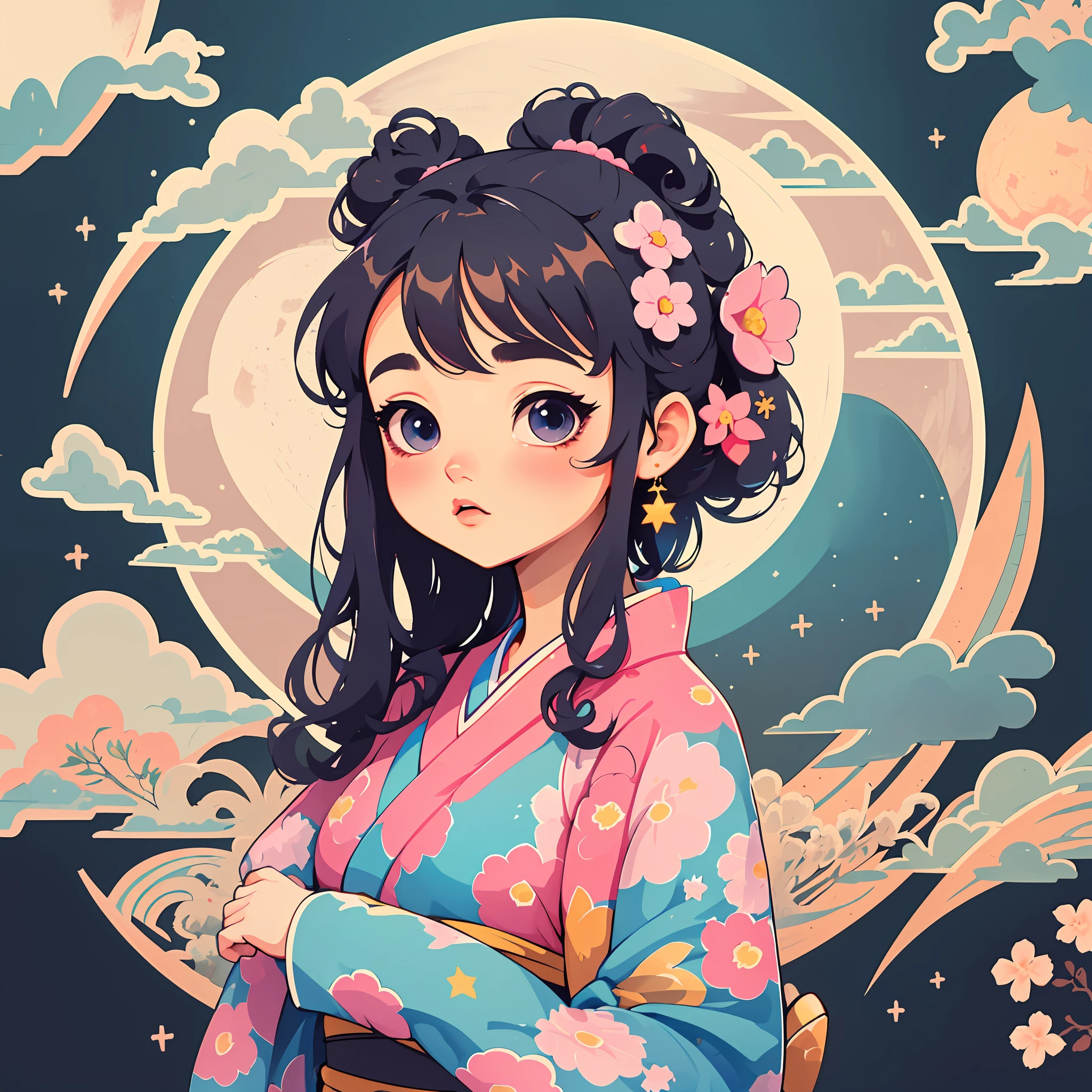 1 sticker, sticker, nikkaze, (cute girl), (gorgeous kimono), (gorgeous hair accessory), (Japanese traditional hairstyle), cherry blossoms, clouds, behind is a huge round moon, stars, white background, no background, simple background, minimal, cute, tiny, pastel color, vector style, no gradient,solo