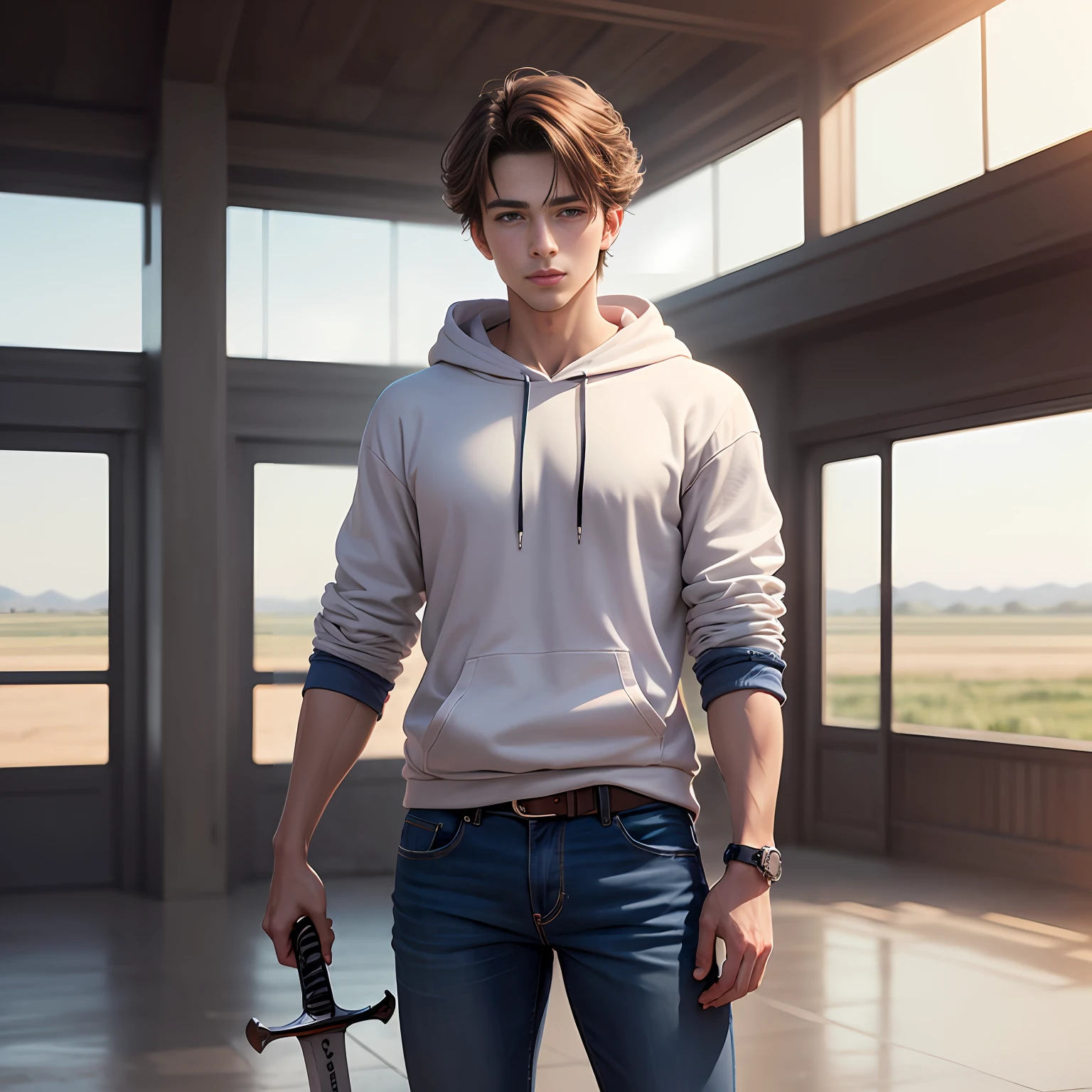 (hightquality、Highly detailed CG quality)+(Spacious open spaces or open plains)+(brunette man，1.78 meters，17歳)+[purple eyes+white hoodie+denim jeans+white sneakers+long sword+short sword:1.2] --auto