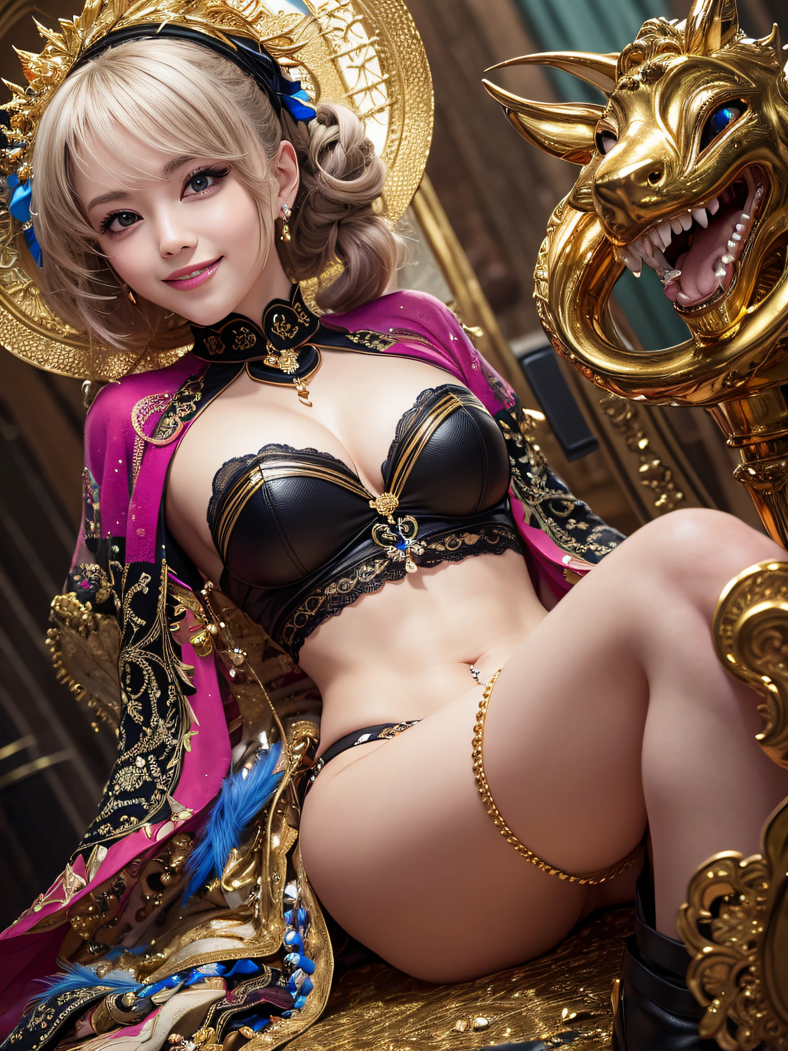 1 girl in、ultra hyper-detailed、шедевр、最好质量、ultra-high-resolution、16k picture quality、Photogenic clarity、Detailed eye、physicallybased rendering、nights、flawless skin、A sexy、happy facial expression、carnival、Detailed and intricate golden and black costumes、lacy fabric、Large feather ornament、最好质量、big tit、seducting、a sexy pose、poneyTail、Dark eyeliner、Blushing cheeks、Happy smiling face、Beautiful teeth alignment、a blond,piercings、neckless、long boots、hair adornments、Bracelet、cute-cute、Brazil、A lively festival、