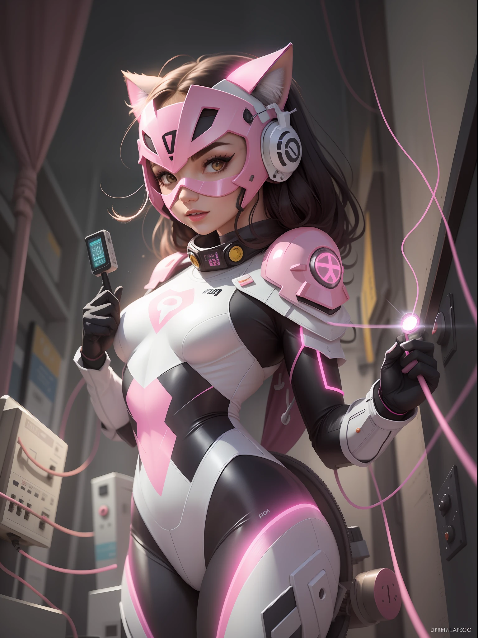 female meow superhero with pink and white mask covering face, pink energy on mask, energy flow on mask, white glowing eyes on mask, sexy physique, the superhero suit is predominantly pink, conductor de electricidad blanco en el pecho, Logotipo rosa alrededor del conductor, energy conductors on shoulders, Caderas, Nudillos, y rodilleras, pink energy regulators outlining white conductors, rayas rosadas de reguladores en antebrazos y lados, artee de Bruno Redondo, dim room, Lovely atmosphere, artee, arte, circuito, energy