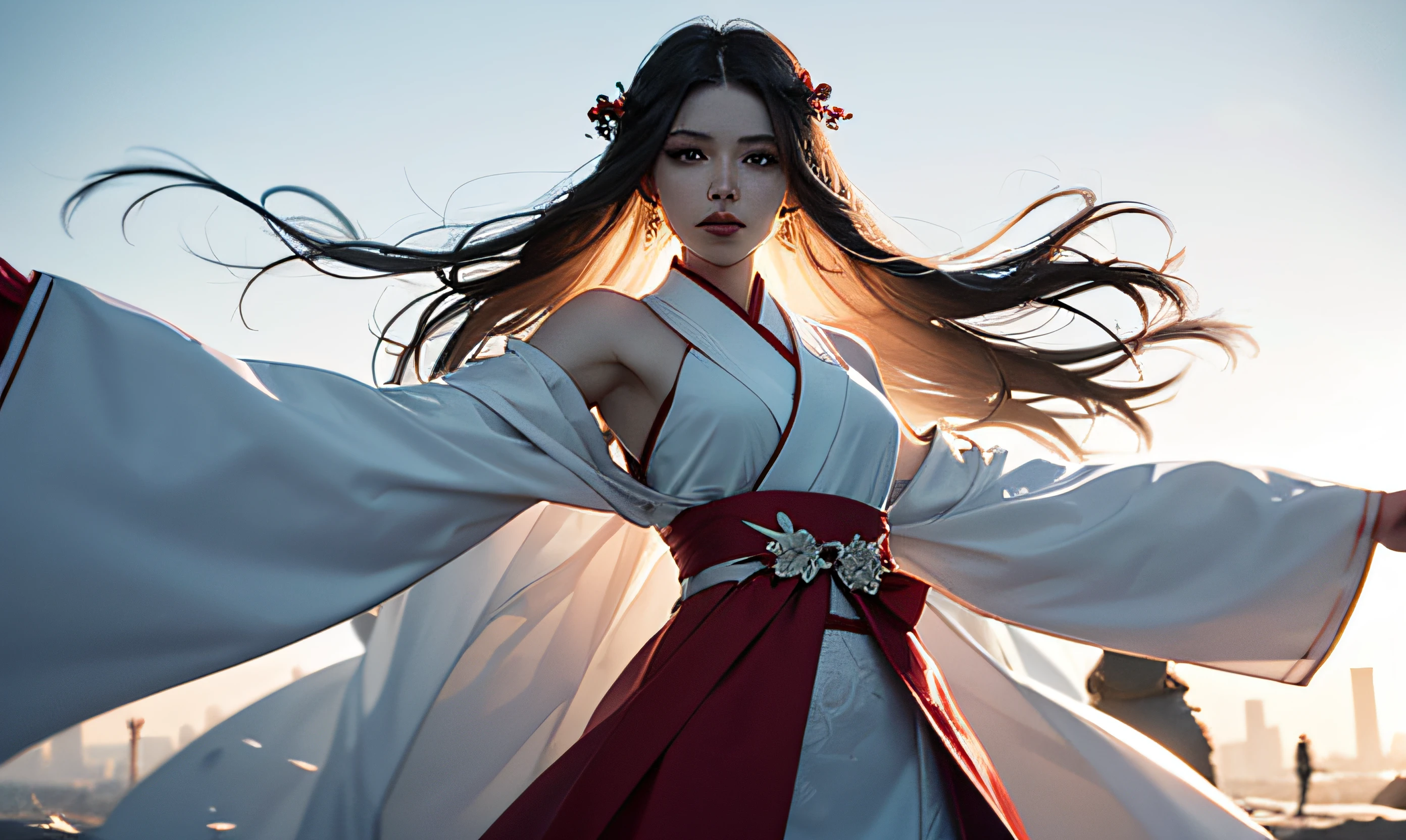 Arte Oficial, Unity 8k papel de parede, super detalhado, Beautiful, Beautiful, Masterpiece, melhor qualidade, mystery, Romantismo, horror, literatura, arte, moda, Era da Dinastia Tang, decoration, intrincado, bordado, contemplation, Tule branco hanfu, plush coat, Vison, 1 girl, seios grandes, roupas transparentes, cabelos brancos, dramatic composition, cinematic lighting, dynamic perspective, sexy, coxas nuas, bareshoulders, temptation, inverno, neve, flocos de neve voando, Smoggy, --auto