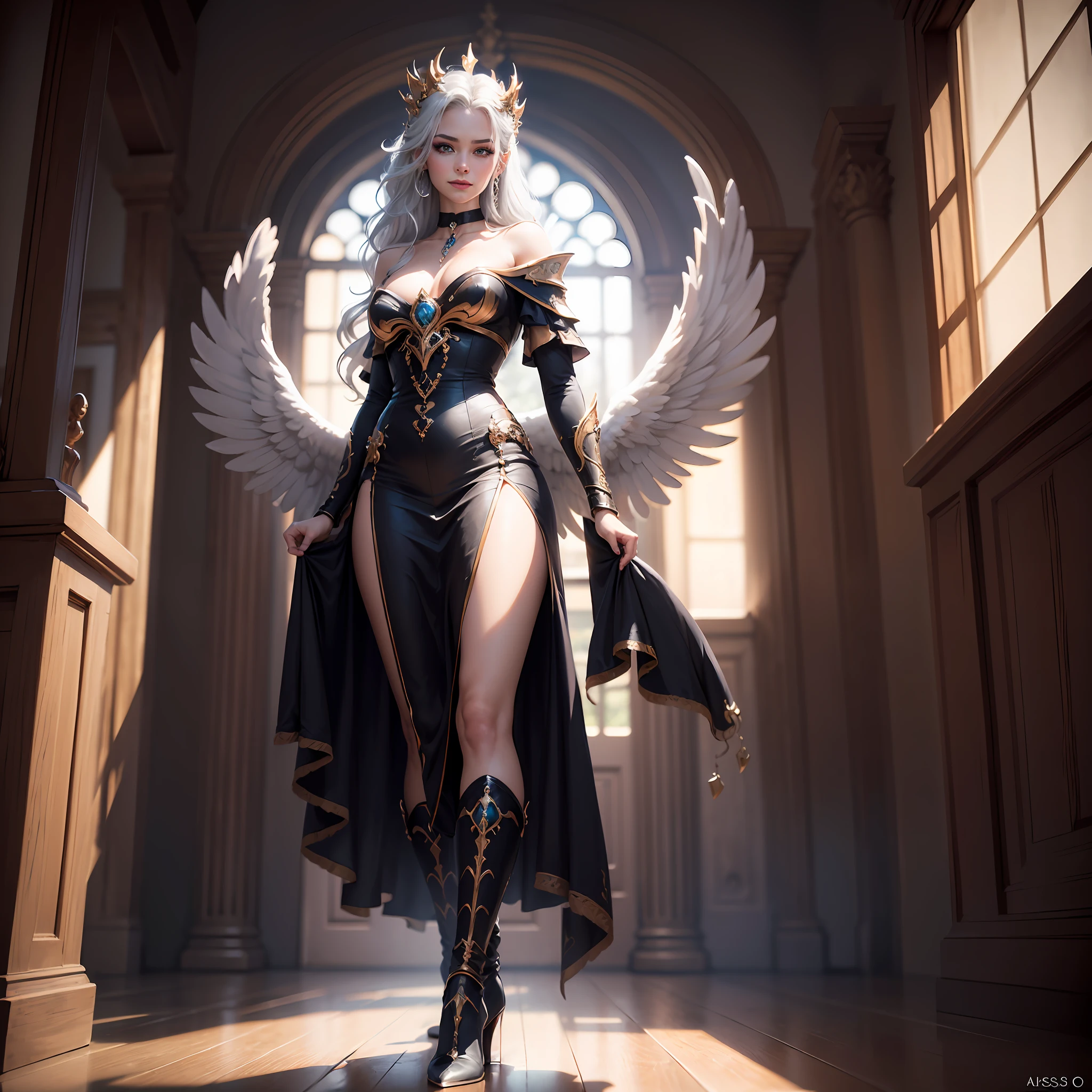 ((Top Quality, 8k, Masterpiece: 1.3)), arafed, dnd art, full body, aasimar (Masterpiece 1.3, intense details), cleric (Masterpiece 1.5, best quality), standing, casting a spell (Masterpiece 1.4, intense details), large angelic wings, white angelic wings spread (Masterpiece 1.3, intense details), fantasy temple background (Masterpiece 1.3, intense details), standing at dawn, sunlight, wearing white armor (Masterpiece 1.3, intense details), black high heeled boots, detailed accurate face, (Masterpiece 1.5, best quality), long hair, blue eyes, red hair, long hair, ponytail, celestial choker, symbol-shaped pupils, anatomically correct (Masterpiece 1.3, intense details), makeup, good smile, ultra-wide shot, silver hair, very long hair, wavy hair, jewelry, aqua eyes, makeup, god rays, cinematic lighting, glowing light, silhouette, from outside, photorealism, Wide-Angle, Ultra-Wide Angle, 8k, highres, best quality, high details