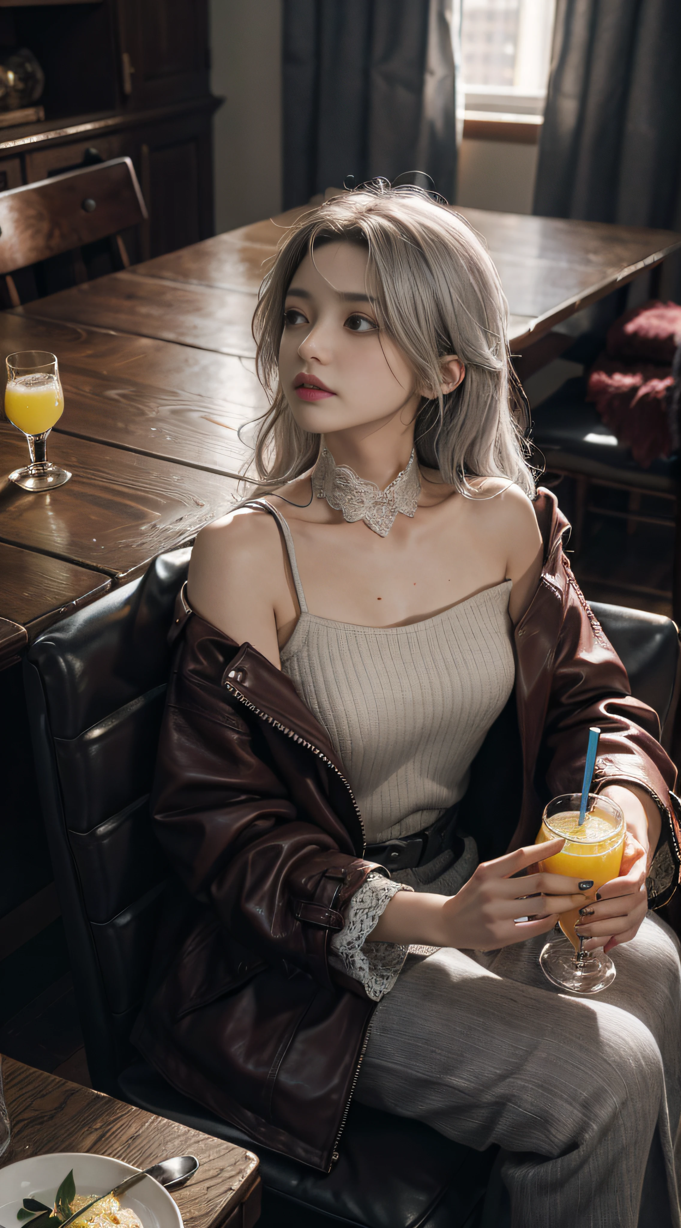 Look up，demi-corps，OriginalPhoto，At the empty table，Drink lemon juice，Burgundy leather coat，Exposed shoulder，silverlong hair，Gray lace，Gray hair