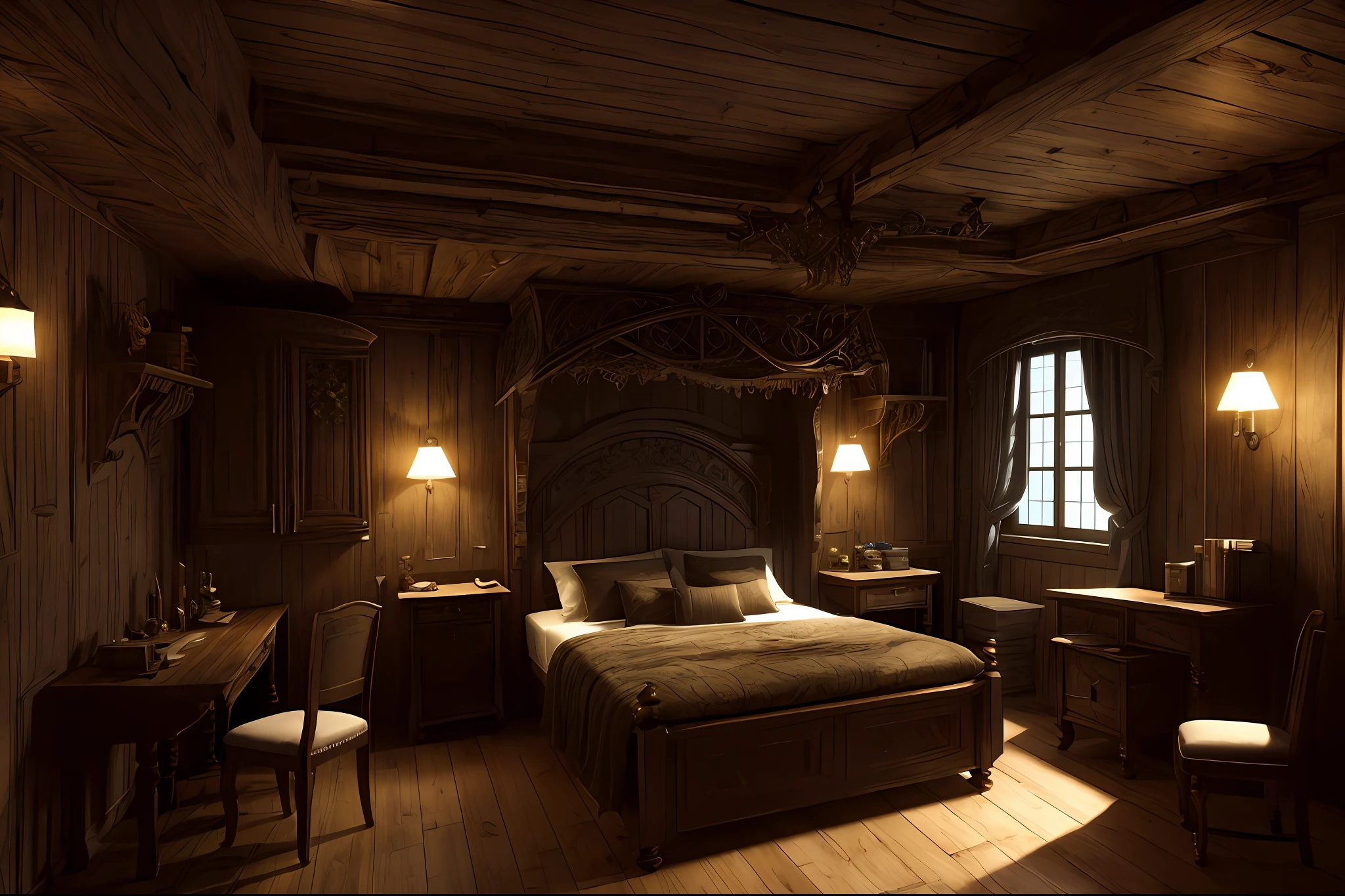 gran obra de arte,fotografia ultrarealista,(hiperrealista) (Dormitorio infantil con  una cama  Acogedora), escena encantada, fotorrealista, Hermoso render de un cuento de hadas, Ambiente acogedor,Papel tapiz acogedor, personal room background, Noche de Navidad, romantic theme, cozy atmospheric,foto tomada con nikon 750,