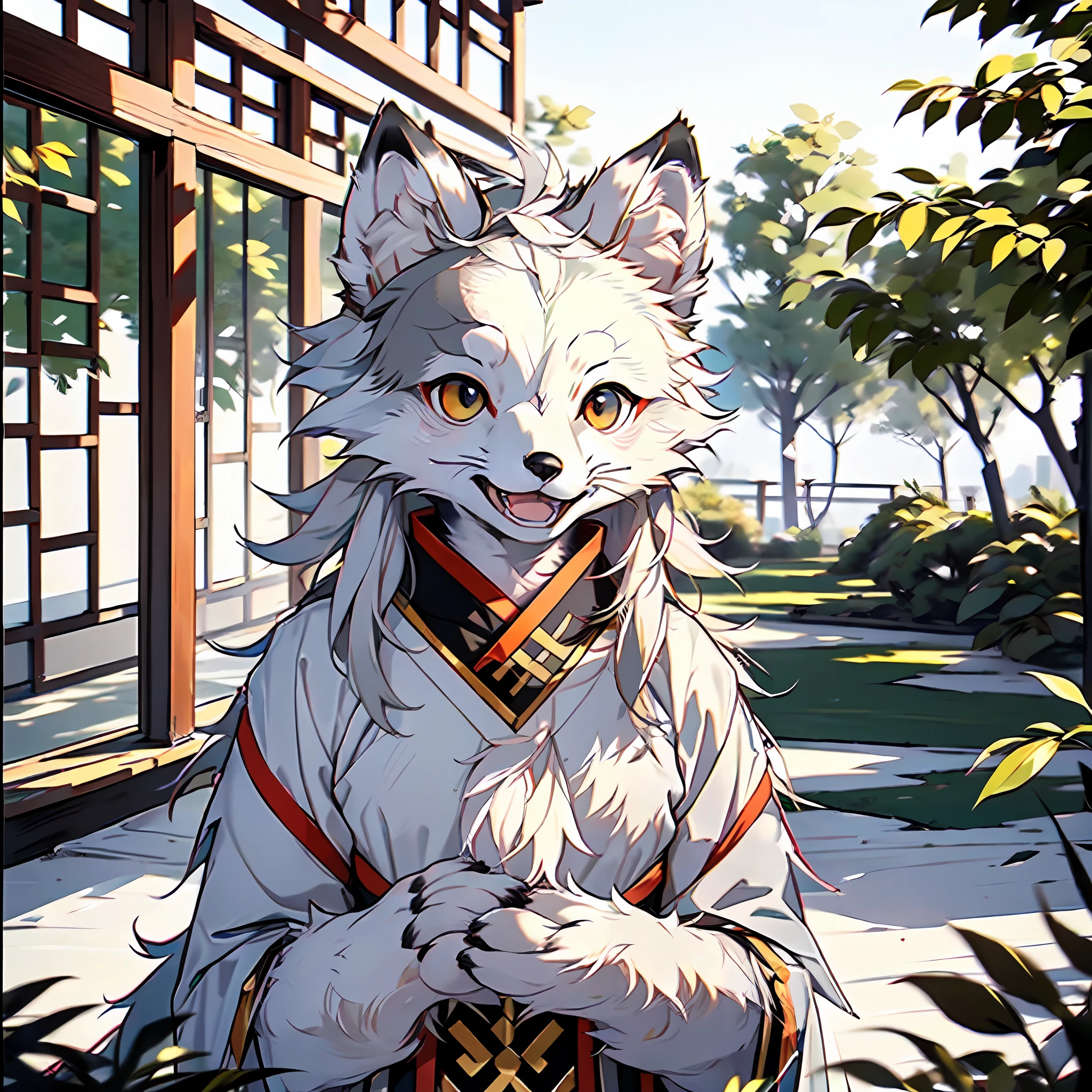 (Best picture quality), ((Sharpen 1.2)),(a masterpiece of), The lines are obvious,(((solo person))),(ultra detali),(was hairy), Hairy all over,Furry,(Male arctic fox:1.5), (grey skin:1.3), (Gray fur:1.3),(Golden eyes), ((Canine paws)), ((Gray paws)),(grey ears),Sharp focus,(The furry feeling of animal ears)，Wearing traditional Chinese clothing，In a traditional Chinese garden，Light smile，Close-up of people，Detailed characters，detailedbackground