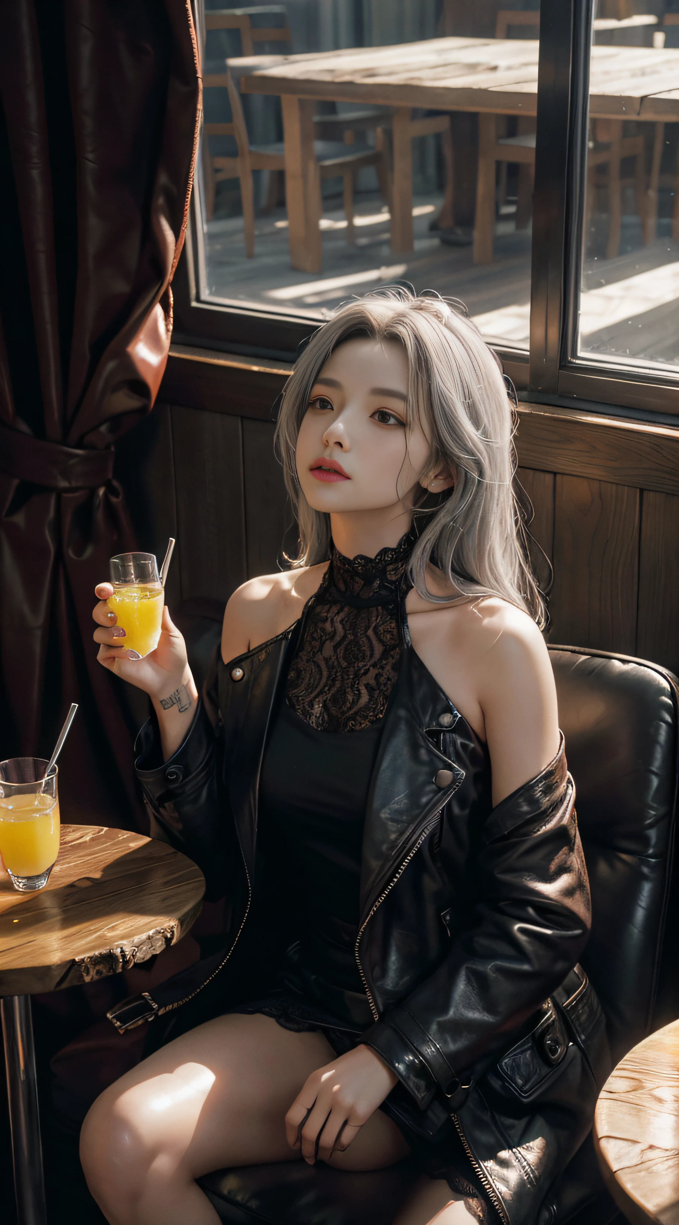 Look up，demi-corps，OriginalPhoto，At the empty table，Drink lemon juice，Burgundy leather coat，Exposed shoulder，silverlong hair，Gray lace，Gray hair
