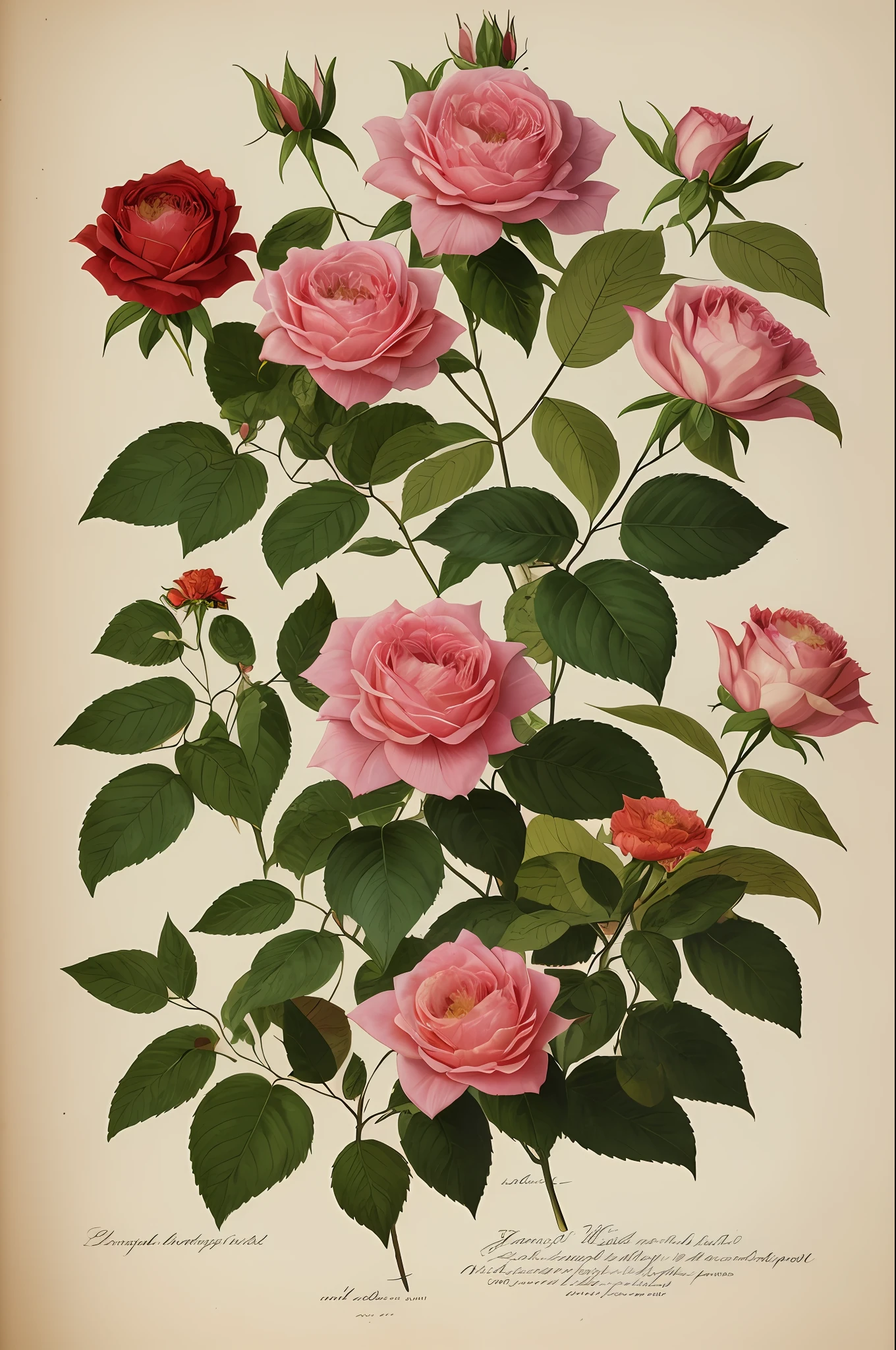 (best quality:1.2), (detailed:1.2), (masterpiece:1.2), vintage botanical illustrations of Larger Provence Rose (1770 1775) in high resolution by John Edwards