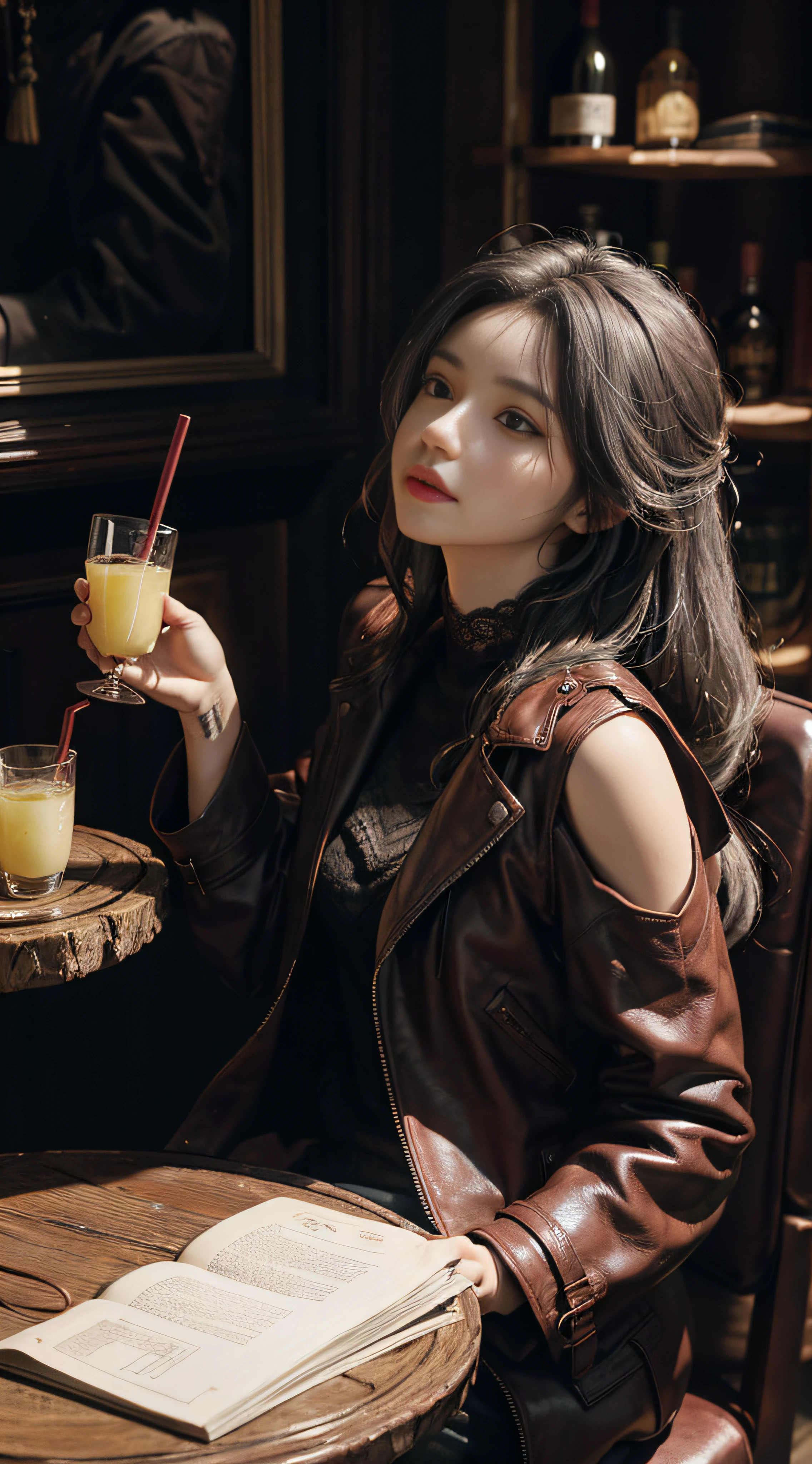 Look up，demi-corps，OriginalPhoto，At the empty table，Drink lemon juice，Burgundy leather coat，Exposed shoulder，silverlong hair，Lace，Gray hair