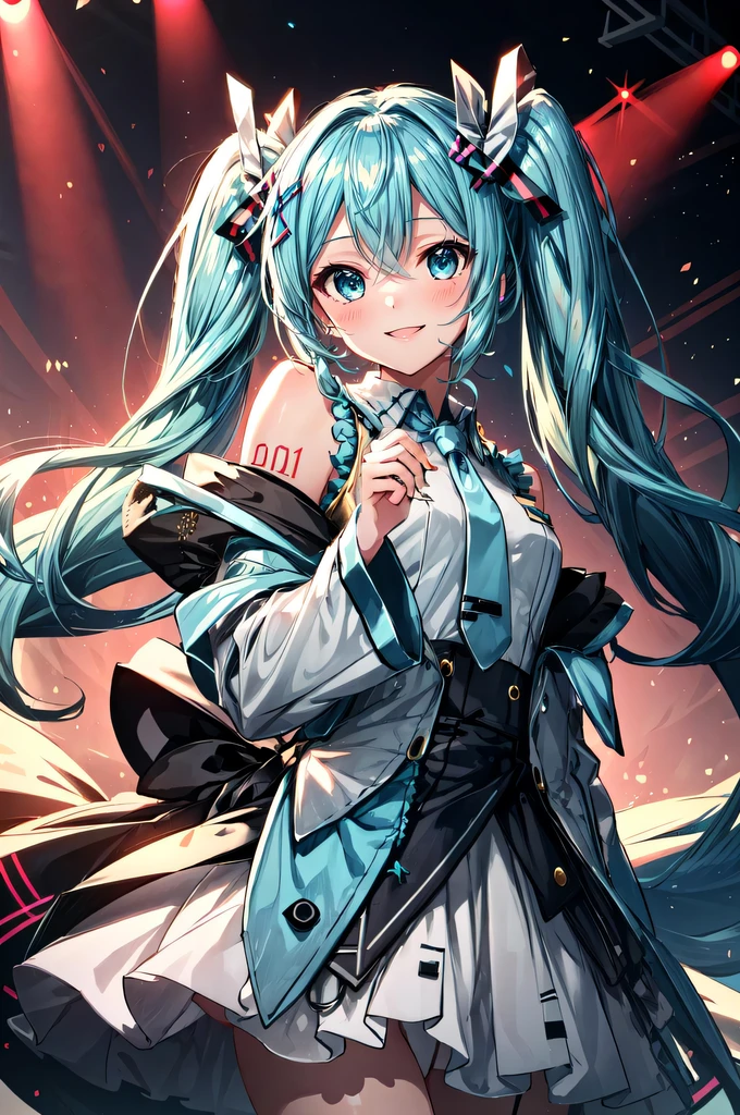 masterpiece, best quality, ultra-detailed, illustration, an extremely delicate and beautiful,
1girl, solo, light smile,
Hatsune Miku,twintails,live stage, Particles of Light,