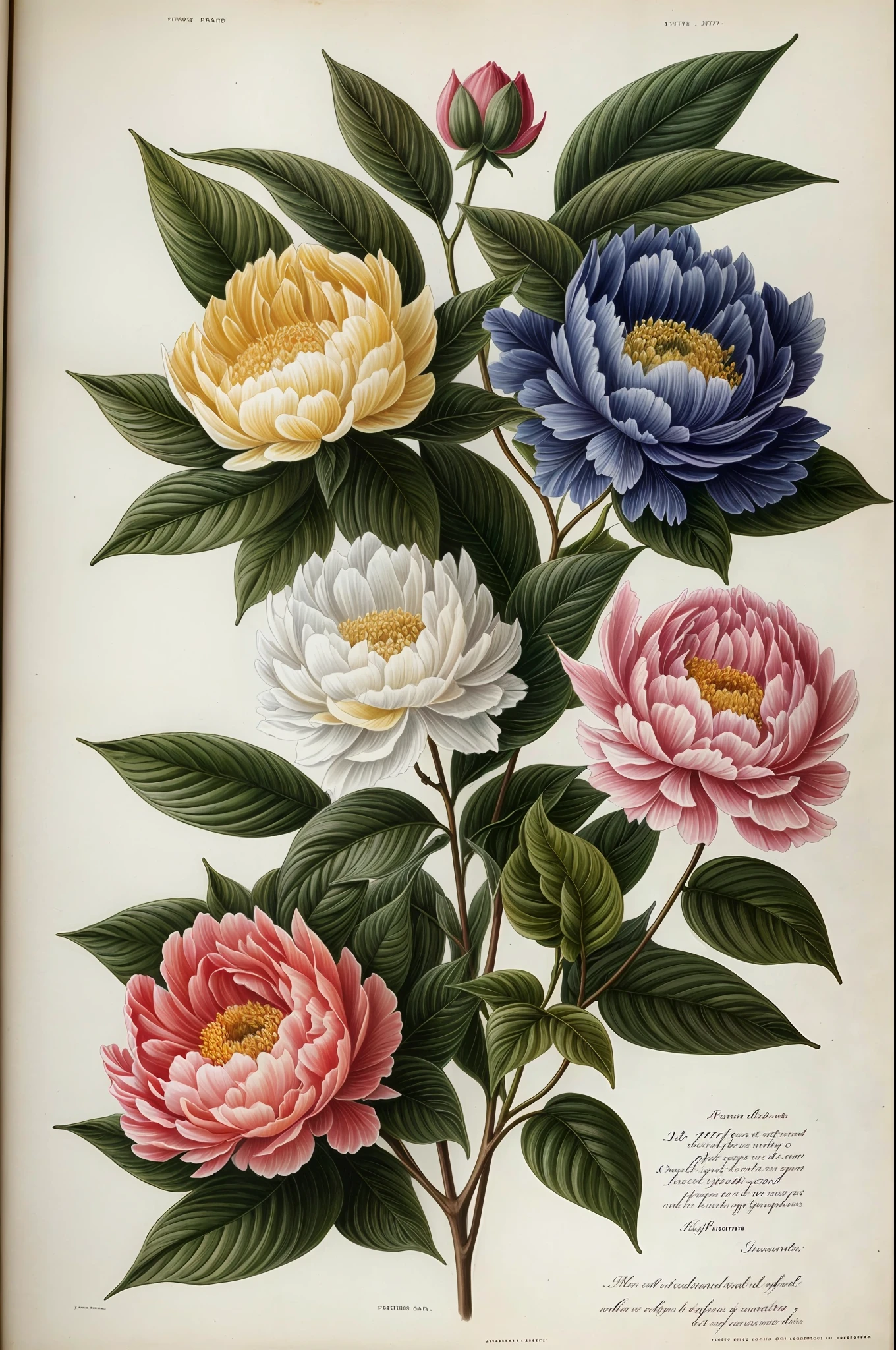 (best quality:1.2), (detailed:1.2), (masterpiece:1.2), vintage botanical illustrations of peonies (1770 1775) in high resolution by John Edwards