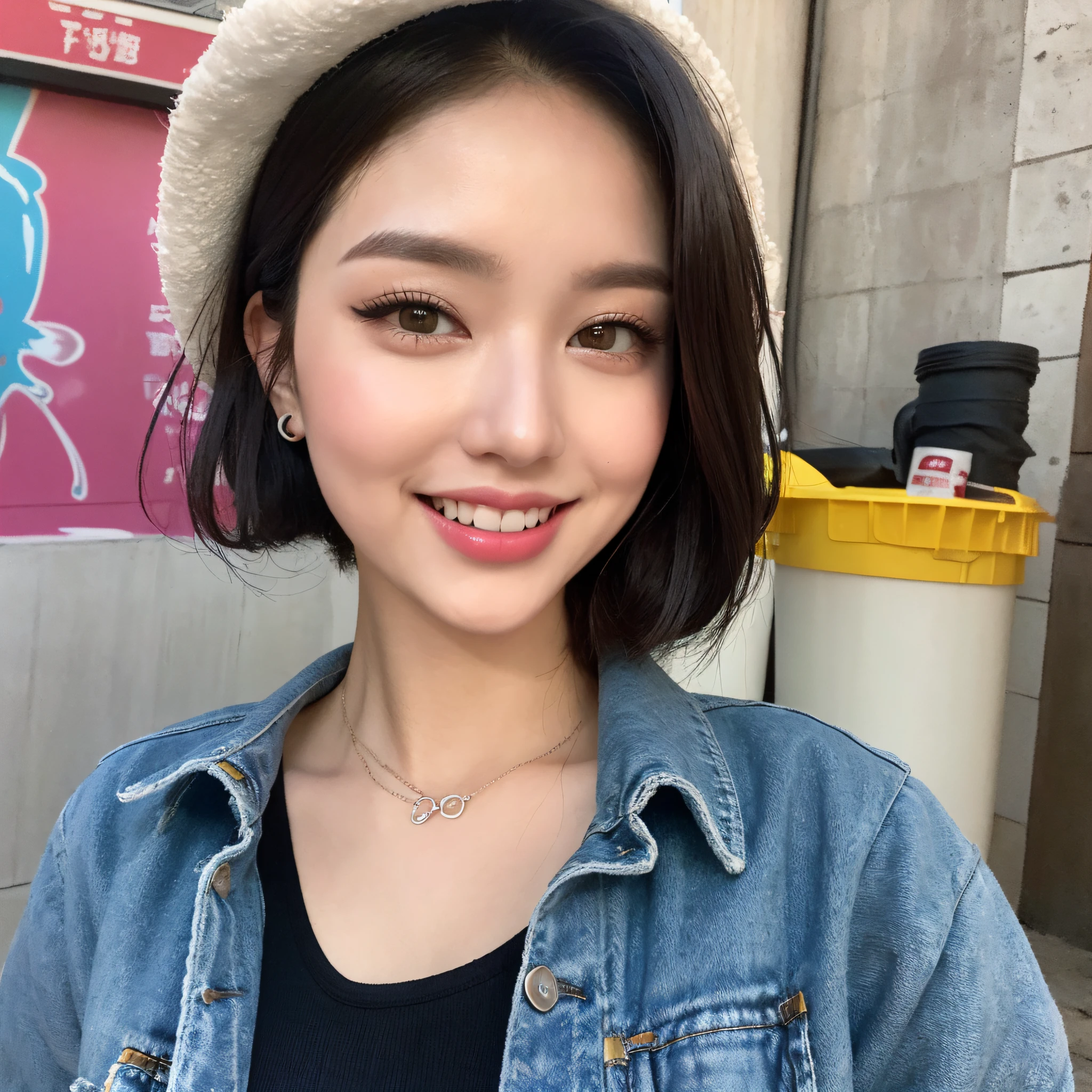 ((beste-Qualit、8K、шедевр:1.3))、sharp foc:1.2、Beautiful woman with perfect body shape:1.4、Random posture、mix4、(8K、Raw photos、beste-Qualit、шедевр:1.2)、(realisitic、photo- realistic:1.37)、One girl、cute-cute、Professional Lighting、Photon mapping、Radio City、Physically-based rendering,, Gradient black hair,, A white-haired, short curly, a handsome, babes, White Ball Suit, top quality photo, A high resolution, 1080p, (Clear face), (Detailed face description), (Detailed hand description）、（шедевр）、（Elaborate CG）、Extreme light and shadow、dishevled hair、Master's work、abundant detail、（Fine facial features）、（top quality photo）、（шедевр）、（Detailed eye）、Look ahead of youeyes、Fine clavicle、Original Characters、Volume Lighting、Best Shadows、Shallow depth of field、Portrait of an amazingly beautiful girl、Delicate beautiful attractive face with petite and seductive yellow eyes、Messily painted face、Sharp Eyebrows、huge smile、open open mouth、Stick out your fangs、Beautiful medium milk、Layered long twin tail blonde、Blush Eyeshadow、Dark eyelashes、Applejack Hat、Oversized Pop Jacket、Mini Underbob T-Shirt、Open belly button、slim waist、Denim Jeans Pants、with buckle belt、Graffiti alley、a trash can、Outer phase、Outdoor Unit、Hold spray paint can、standingn、(beste-Qualit、Superb Detail:1.25)、(独奏:1.3)、Brilliant Colorful Paintings