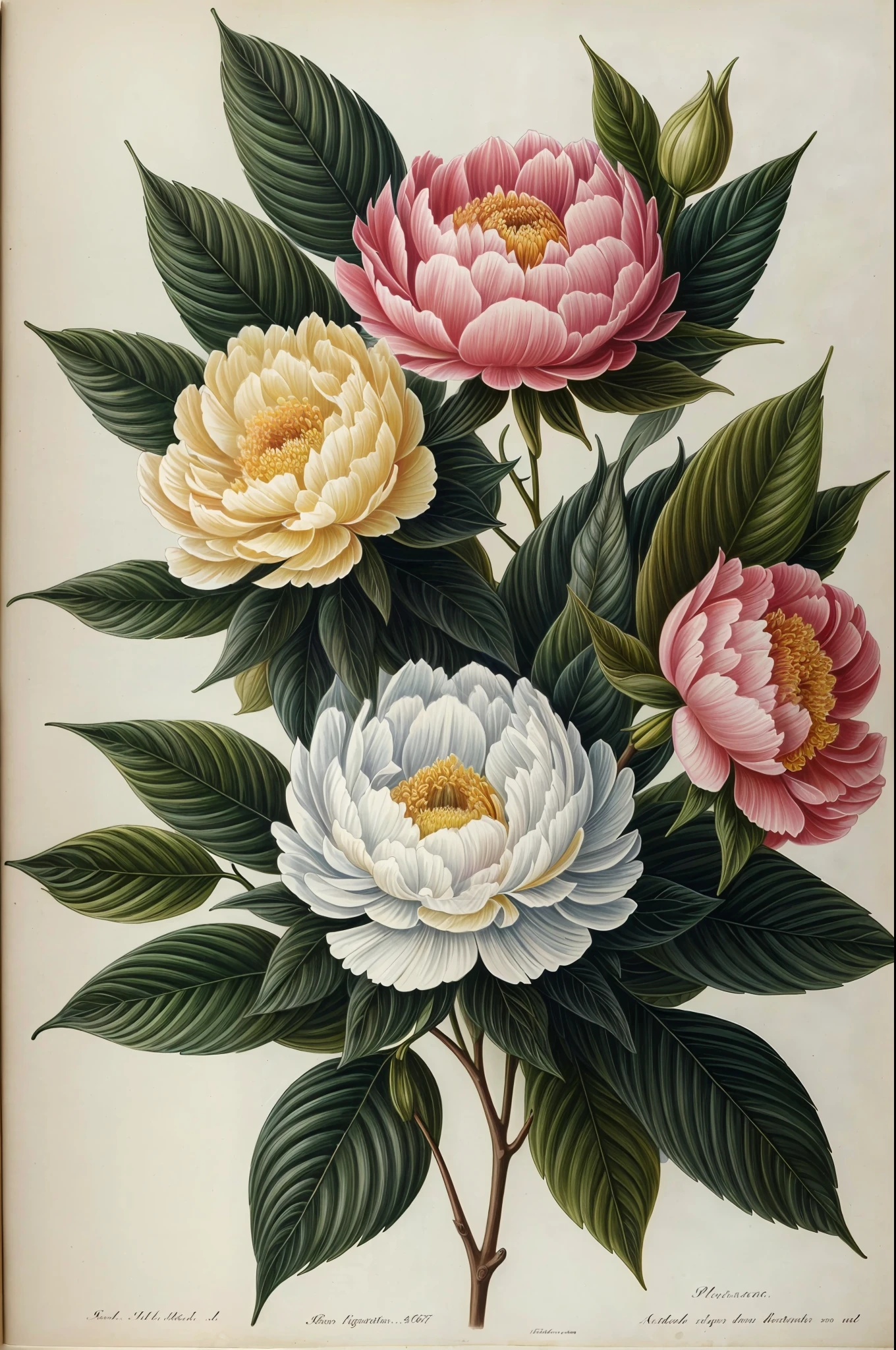 (best quality:1.2), (detailed:1.2), (masterpiece:1.2), vintage botanical illustrations of peonies (1770 1775) in high resolution by John Edwards