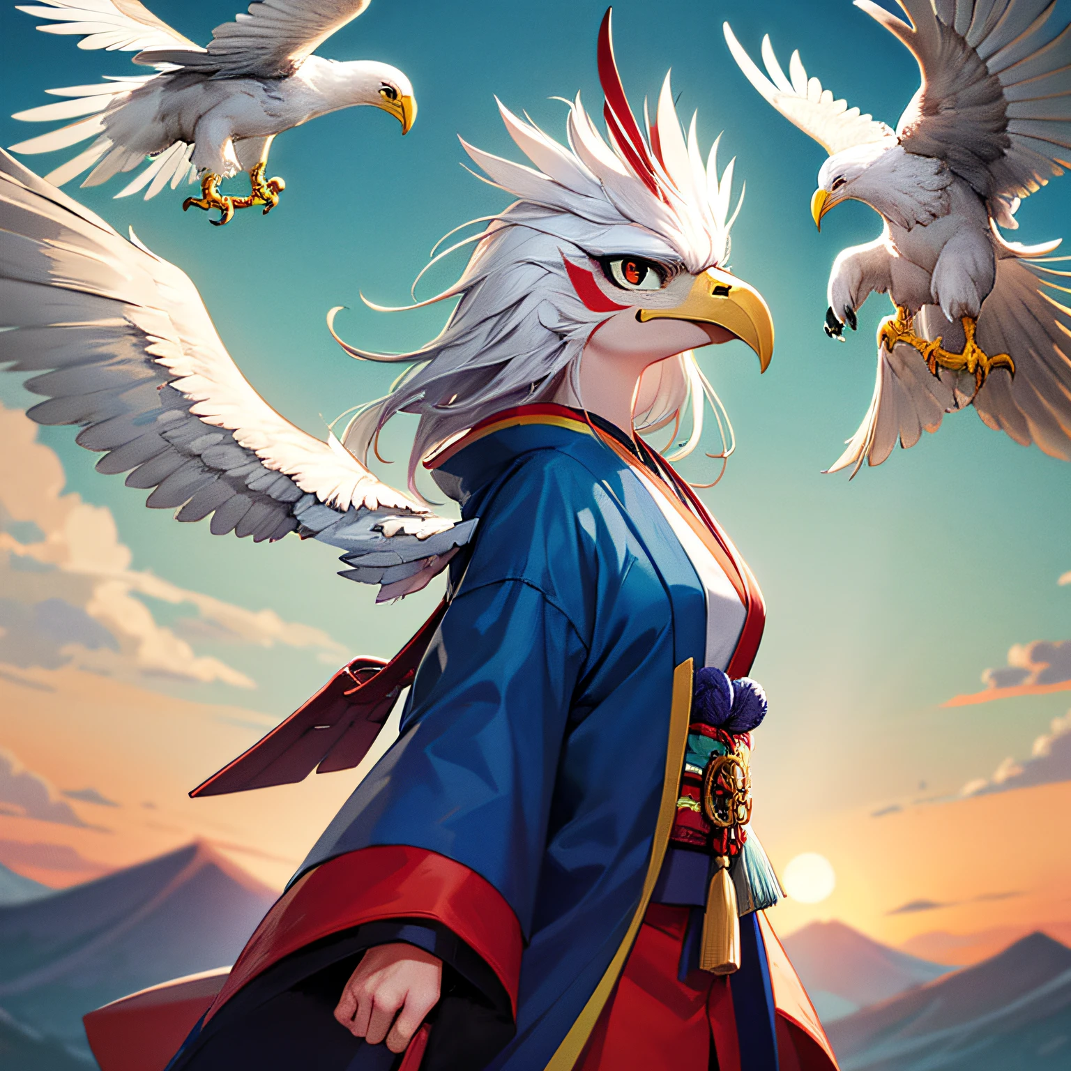 ((((masterpiece)))), best quality,
a cartoon bird with a blue beak and yellow beak, eagle head,
birb, second eagle head, bird head, white eagle icon,
anthropomorphic bird,sentient bird, anime image, tengu mask,
head of an eagle, japanese mascot,, big beak