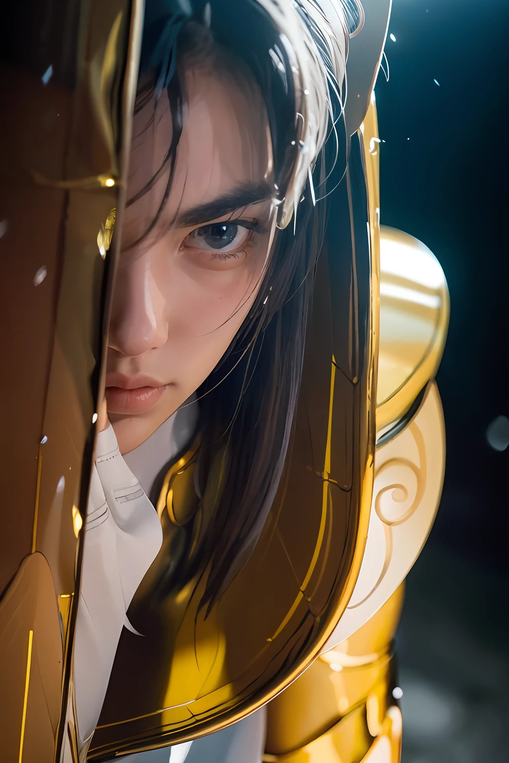 masterpiece, best quality,highly detailed RAW color Photo, sharp focus, 8k high definition, 1girl, long hair, turtle neck, close up photo, female wearing armor, light blue hair, helmet, leg armor, shoulder armor, long hair, yellow armor, reflection on armor, headset, yellow head band, sparking armor, white skin tight transparent vinyl, at night, from lower, AquariusArmor, standing strait, (gold armor:1.2) moonlight reflection, sacredness , landscape, bright (facial freckles:0.1), to8contrast style, posing in a dark studio, (rim lighting,:1.4) two tone lighting, octane, unreal, dimly lit, (low key:1.3),