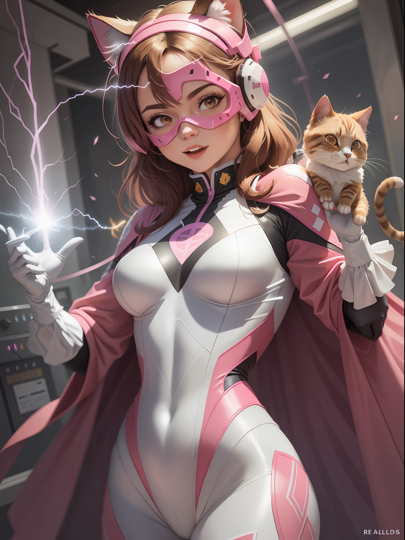 female meow superhero with pink and white mask covering face, pink energy on mask, energy flow on mask, white glowing eyes on mask, sexy physique, the superhero suit is predominantly pink, conductor de electricidad blanco en el pecho, Logotipo rosa alrededor del conductor, energy conductors on shoulders, Caderas, Nudillos, y rodilleras, pink energy regulators outlining white conductors, rayas rosadas de reguladores en antebrazos y lados, artee de Bruno Redondo, dim room, Lovely atmosphere, artee, arte, circuito, energy