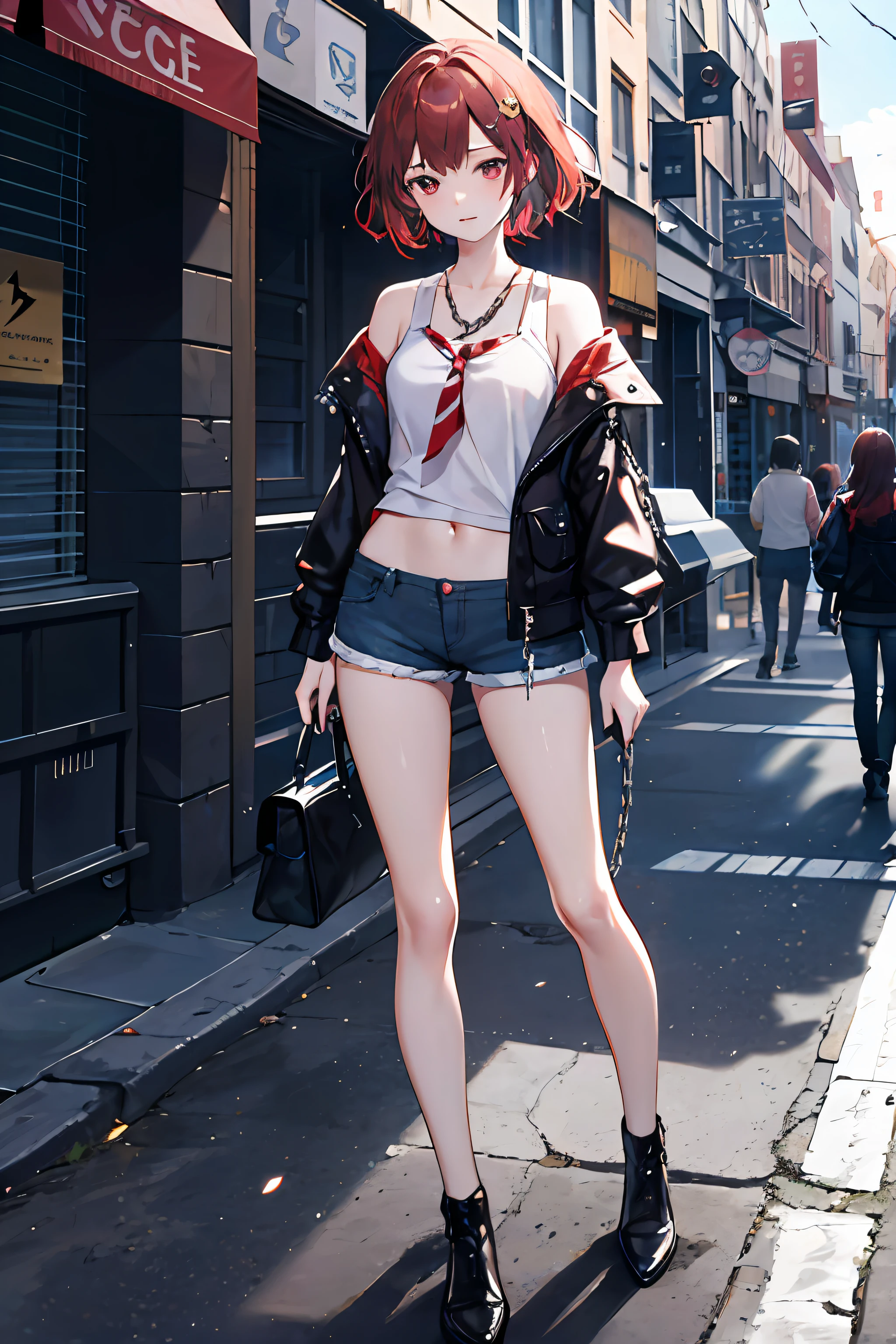 ((middlebreasts,Tomboyish,small heads)),sunsight,sun beam,Well-defined abs:1.1,perfectbody:1.1,Short wave hair:1.2,Brownish red hair,neckwear,chain,Full body photo,crowdedstreets,black tanktop,jean jacket,upshorts,(Super delicate CG 8k wallpaper, Masterpiece level, Perfect quality, Super-High Resolution), belas luzes,perfect lightning bolt,True shadows,A high resolution,Delicate skin,ultra detali。